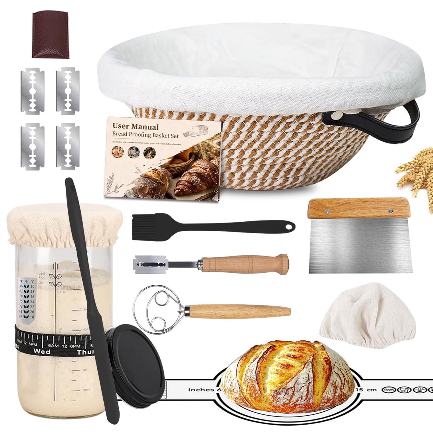 Sourdough Bread Starter Kit, Cotton Sourdough Kit Proofing Basket 10" Round, Banneton Bread Making Tools with Starter Jar,Dough Whisk,Bread Lame & Sling,Scraper and Brush Gifts for Bakers Women Mom