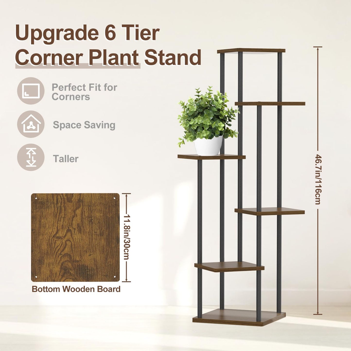 Oppro 6 Tier Plant Stands Indoor, Metal Wood Tiered Corner Plant Stand Pot Holder, Wood Flower Shelf Display Rack for Living Room Bedroom Outdoor Balcony Garden Patio, Oak