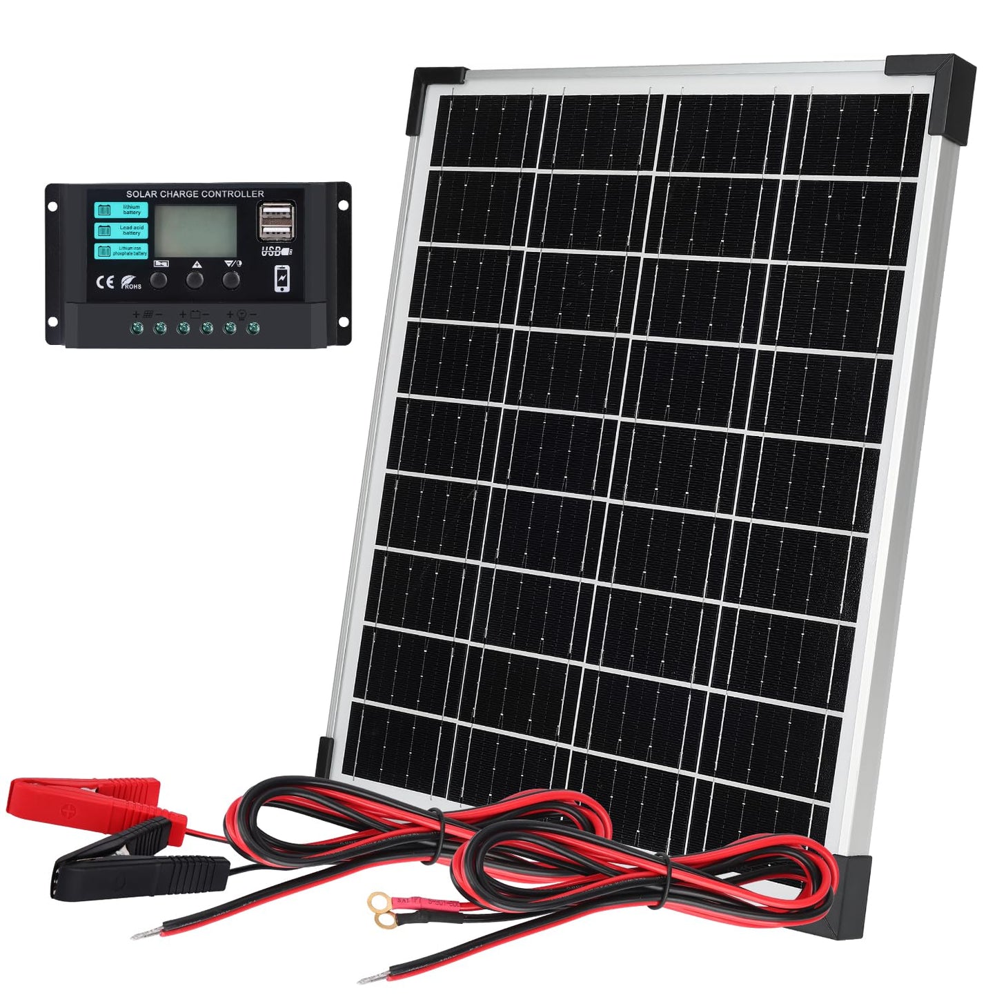 DYVIAHOME Solar Panels Kit Monocrystalline Solar Battery Maintainer 12V Solar Charge Controller with Extension Cable and Clips O-Ring Terminal fit RV Car Rooftop Camp Off Grid Applications(20W)