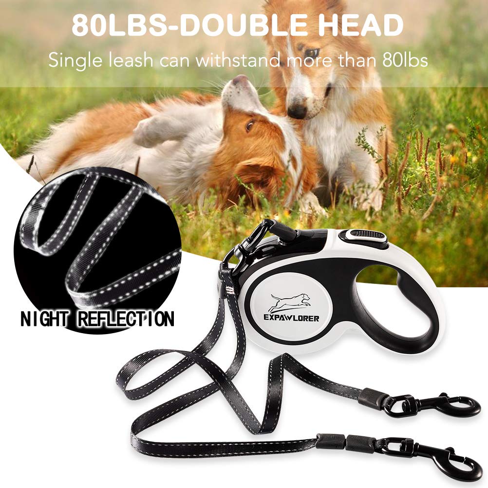 EXPAWLORER Dual Retractable Dog Leash - Double-Head Lockable Extendable Pet Leash - 16FT Reflective Nylon Ribbon - 360 Tangle-Free for Two Dogs Walking Training