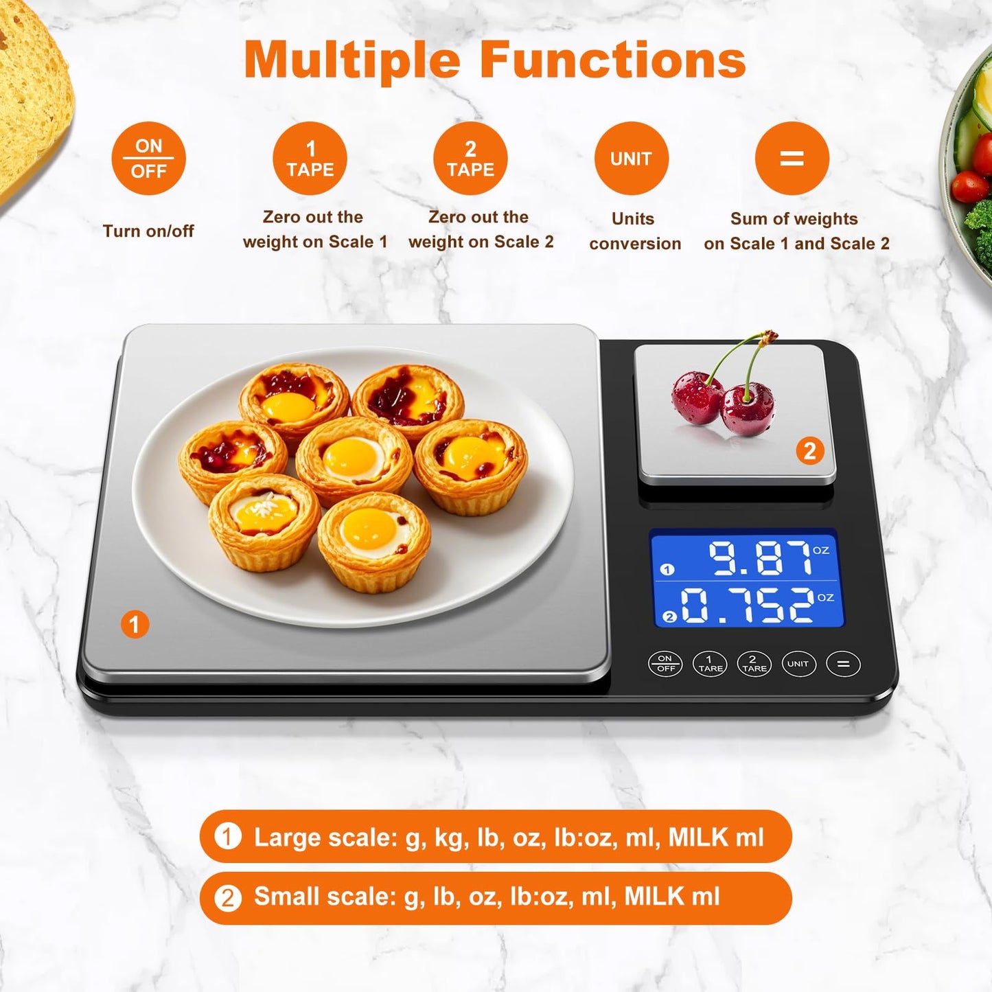 Food Scale, 15kg x 0.01g Digital Kitchen Scale Cooking and Baking, Dual Precision Food Weight Scale with Backlit LCD Display, Tare, Accumulation Function, 7 Units, Including 2 AAA Batteries