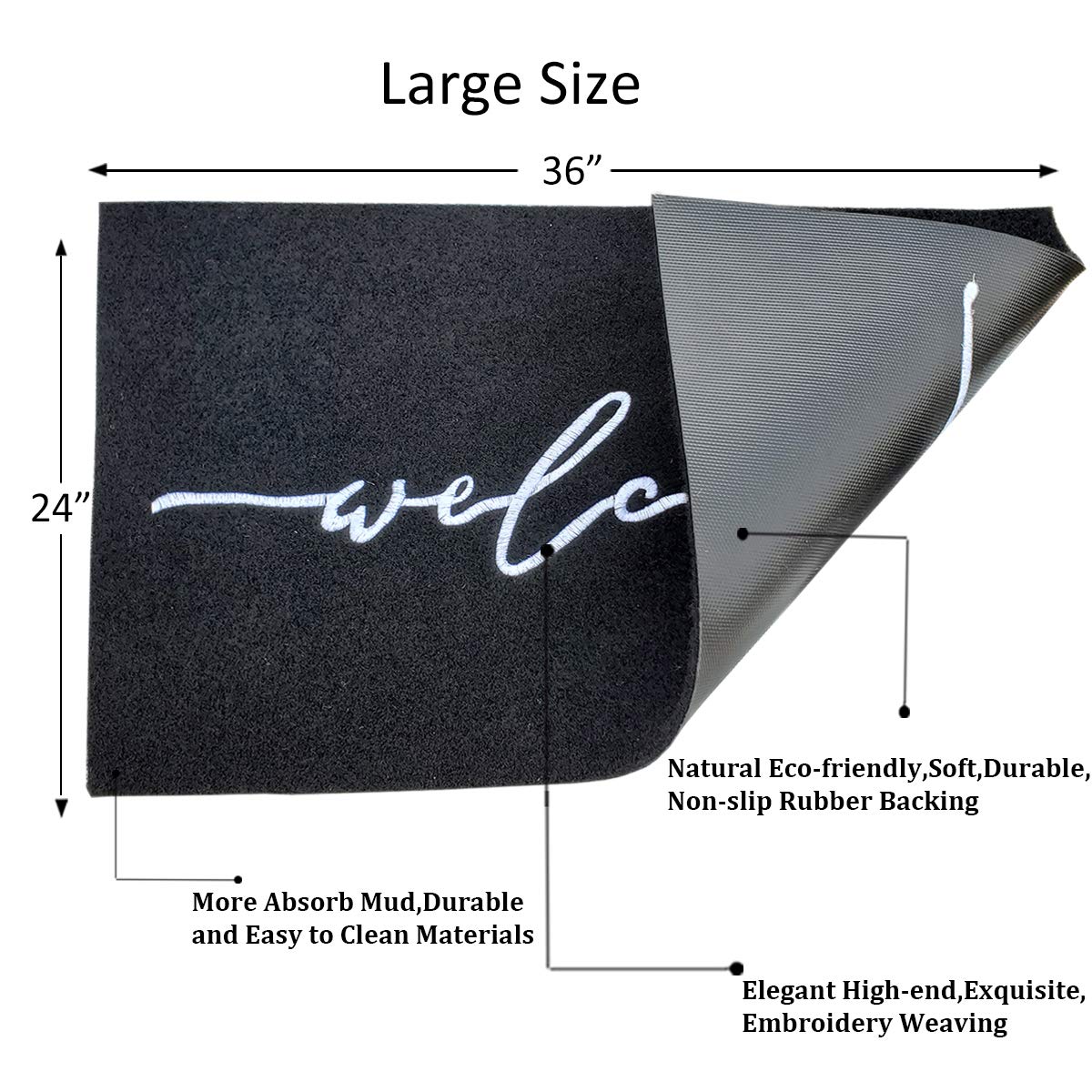 AAZZKANG Welcome Mats for Front Door Large 24"x36" with Durable Non Slip Rubber Backing Ultra Absorb Mud Easy to Clean Entry Door Mat for Indoor High Traffic Areas Outdoor Doormat Black