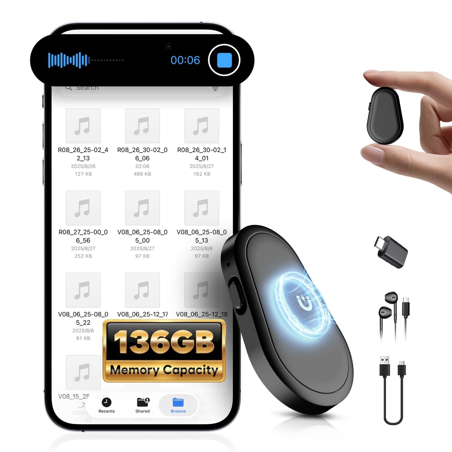 Zutiifeu 136GB Magnetic Voice Recorder - 9800H Recording Time, HD Audio Noise Reduction, Voice Activated Recorder with Long Battery Life Portable Audio Recorde for Meeting, Lecture, Interview