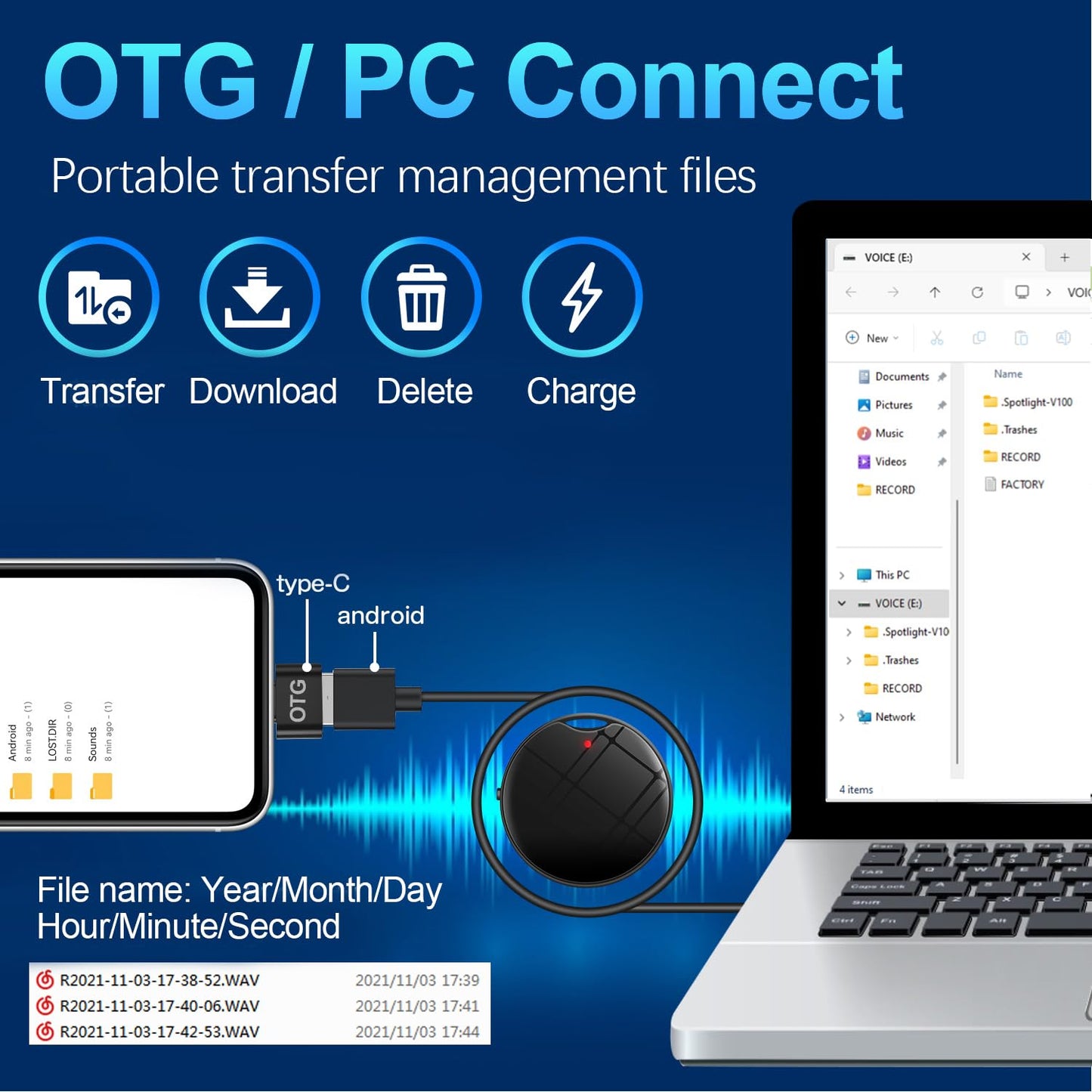 64GB Digital Voice Recorder, 1200H Capacity, Triple Noise Reduction, One-Touch Recording, Auto-Save Battery, OTG for Android/PC for Meetings Interviews