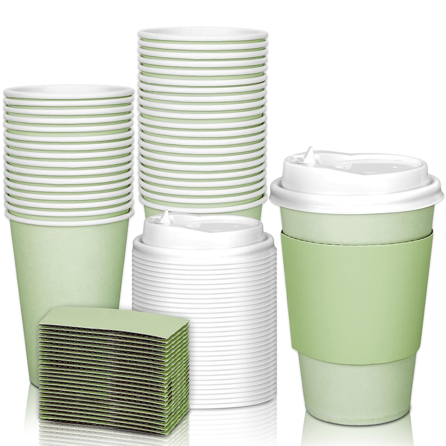 JarThenaAMCS 50Pcs St. Patrick's Day Green Disposable Coffee Cups with Lids and Sleeves 12oz Paper Drinking Cups for Wedding Birthday Baby Shower Bachelorette Party Supplies