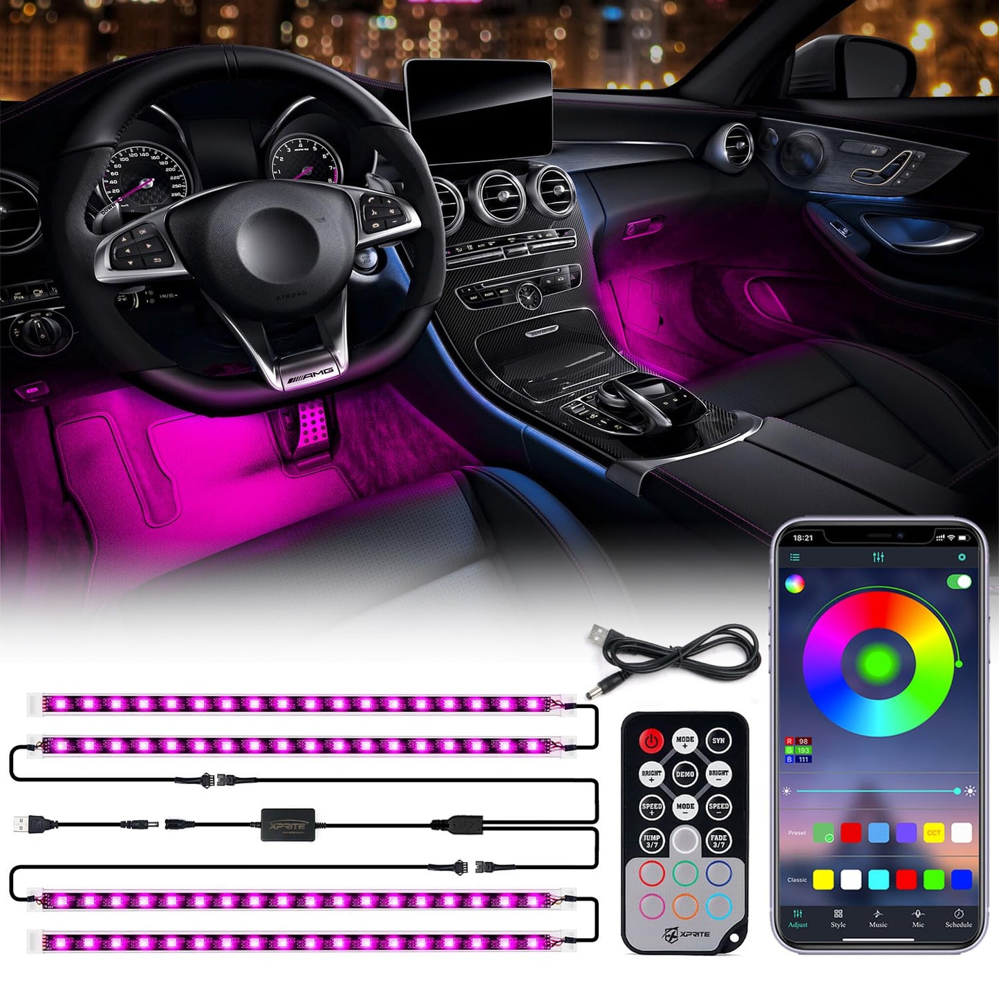 Xprite RGB LED Car Interior Bluetooth Light Strip with Wireless Remote Silicone Sealed Design, Under Dash Footwell Lights Kit w/USB Cable, Universal for Vehicle Internal, SUV, Truck -4 PCS