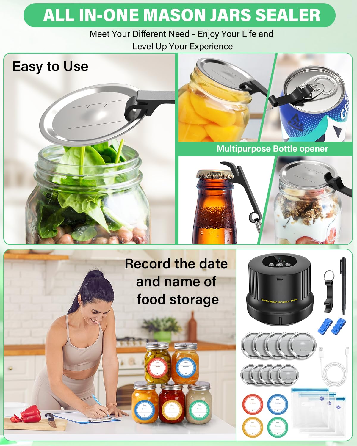 Mason Jar Vacuum Sealer Kit-Fully-Automatic-Canning-Jar-Sealer-Vacuum-Sealing,2025 Upgraded Electric Vacuum Sealer for Wide&Regular Mouth Mason Jars/Canning &Sous Vide Bag/Jar Sealer Machine for Food