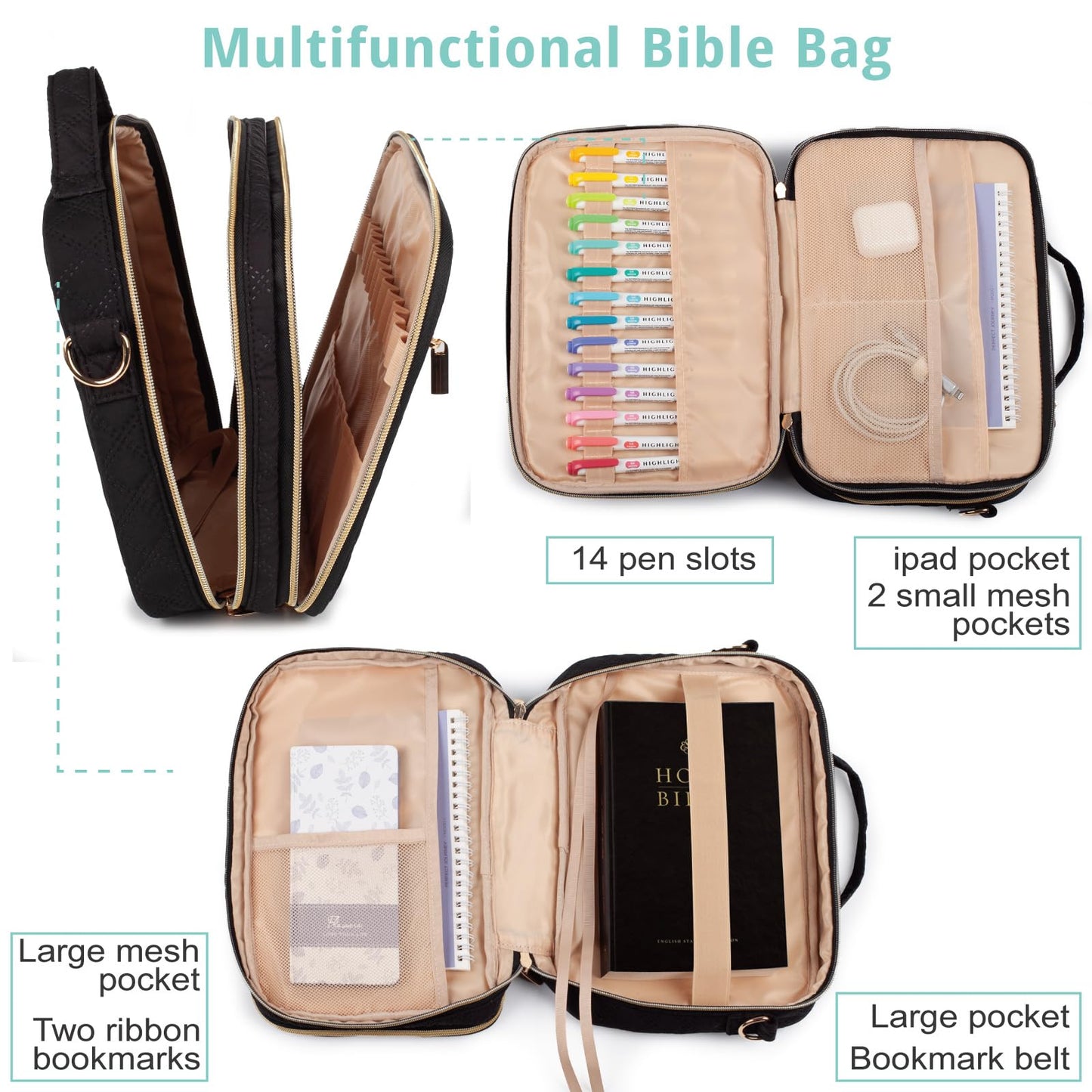 2 Layers Bible Cover for Women, Large Case With Handles and Shoulder Strap, Carrying Bag With Pocket, Scripture Protective Church Bag