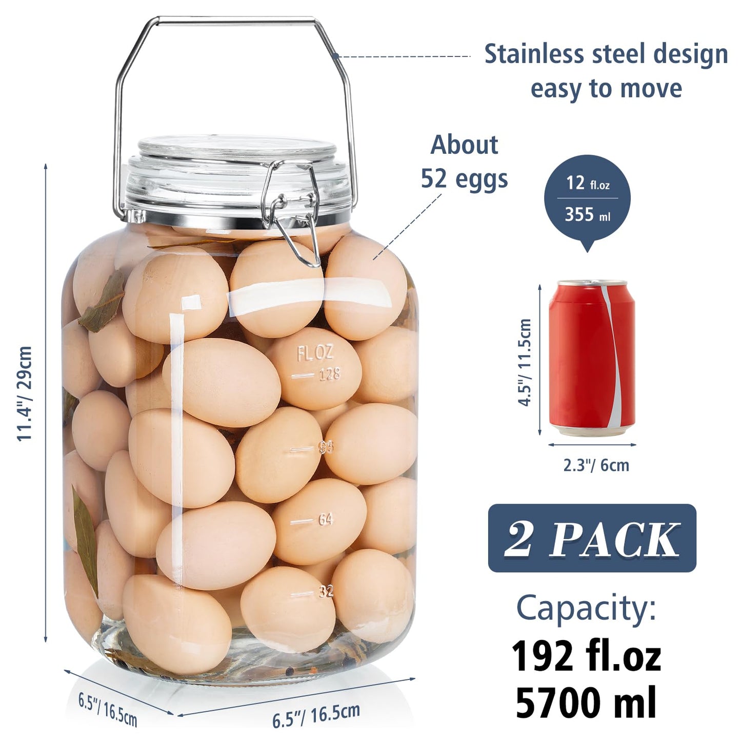 Folinstall 2 Pack 1.5 Gallon Glass Jar with Airtight Lid, 192 oz Square Wide Mouth Mason Jars with Stainless Steel Handle, Large Glass Storage Containers for Canning, Flour, Sugar, Rice, Pickled Eggs