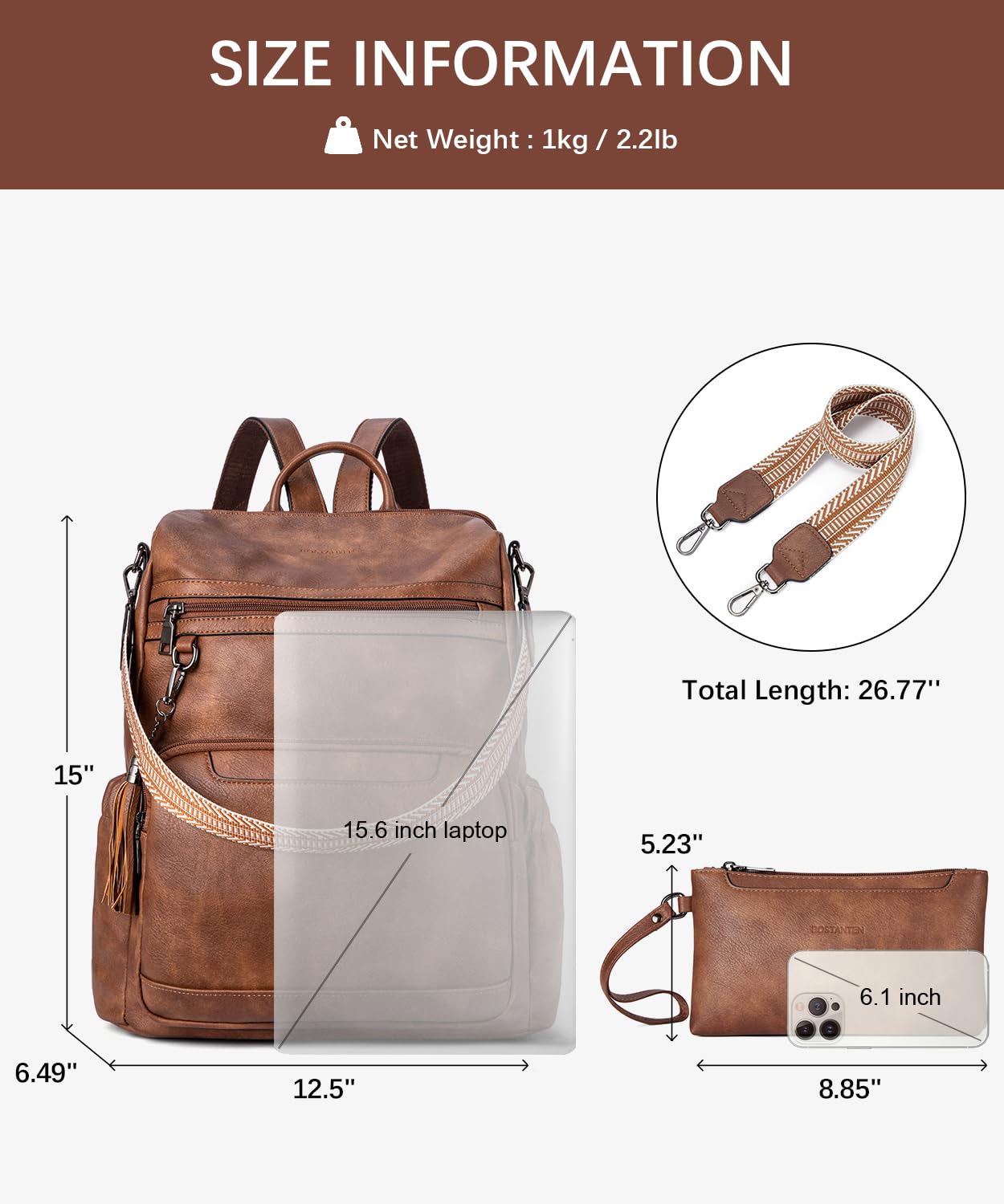 BOSTANTEN Leather Laptop Backpack for Women Designer Travel Backpack with Laptop Compartment Ladies Computer Shoulder Bags Brown