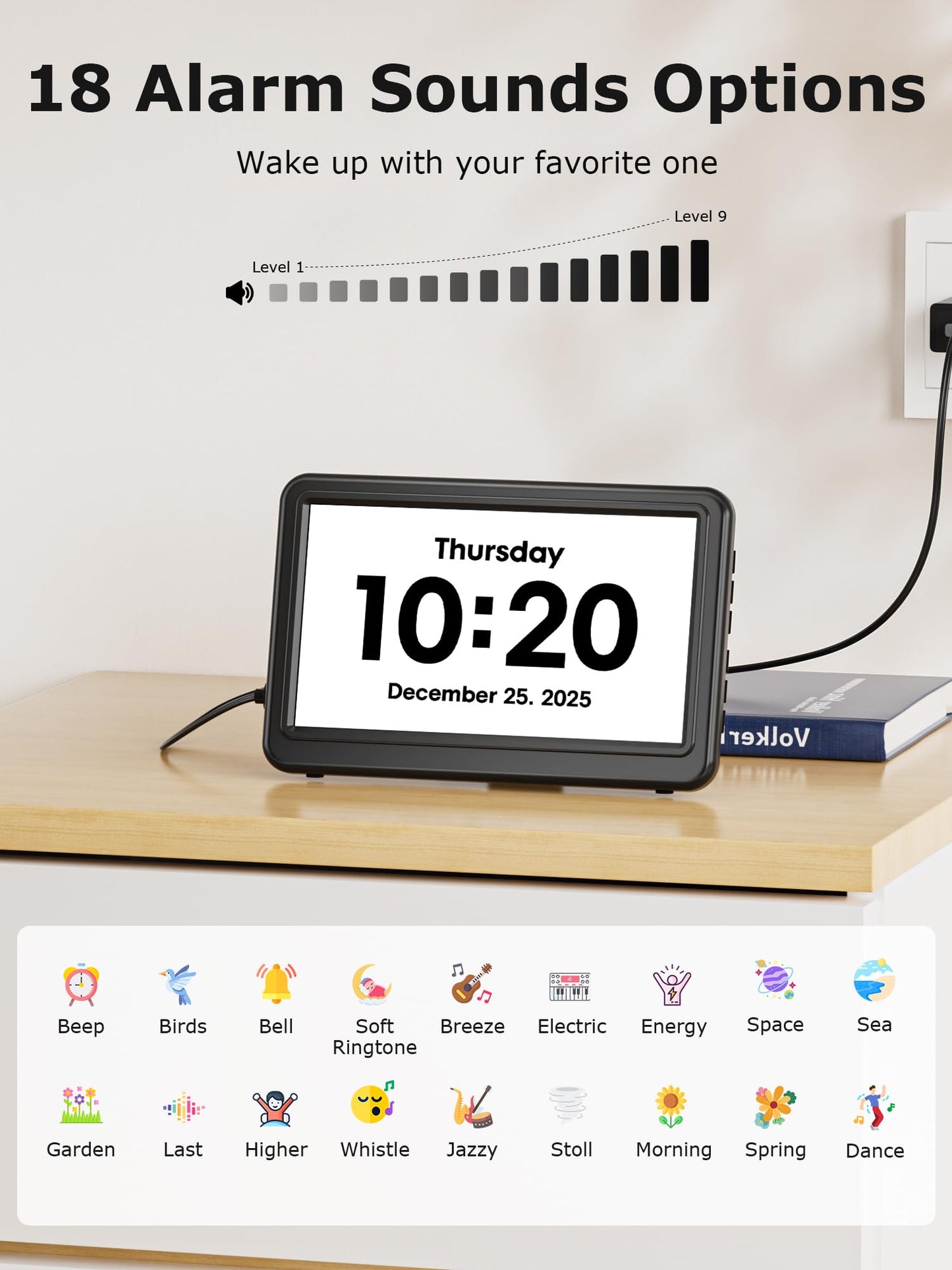 Dementia Clock for Seniors with 20 Alarms & 20 Reminders, 12 Themes, 18 Alarm Sounds, 10-Level Dimmer with Sleep Mode, Digital Calendar Day Clock, Dementia Clock with Date and Time for Elderly