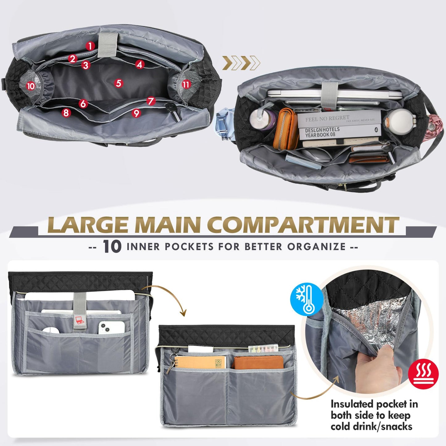 Teacher Tote Bag 15.6 inch Laptop Bag for Women Large Laptop Tote Work Bag Nurse Bag Professional Computer Messenger Bag with Insulated Pocket, Briefcase for Office, College, Nursing, Black