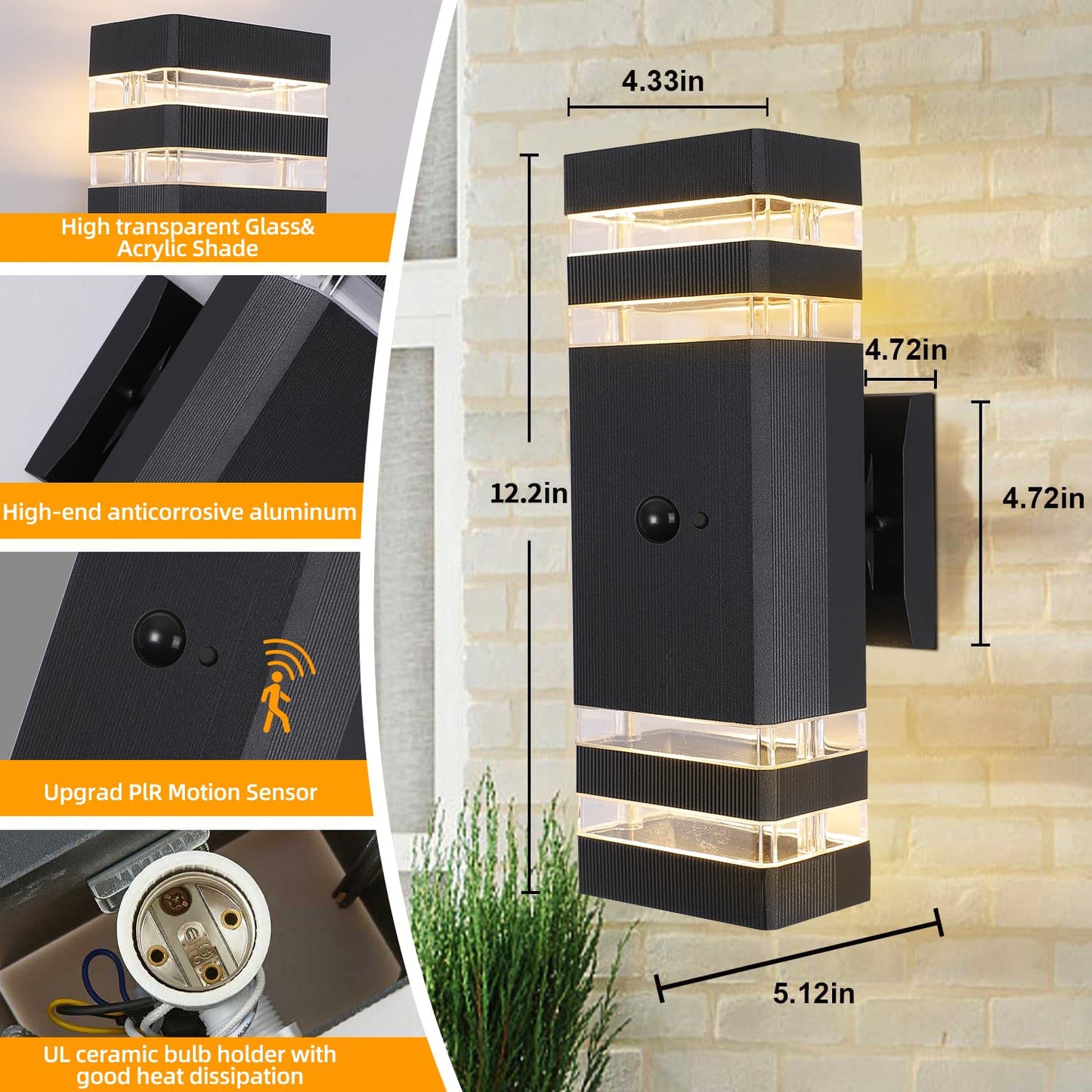 JESENBIL Motion Sensor Outdoor Wall Lights, 2 Pack Dusk to Dawn Porch Lighting Wall Mount, Waterproof Exterior Light Fixture Aluminum Outside Light for House, LED Outdoor Wall Sconce for Patio Garage