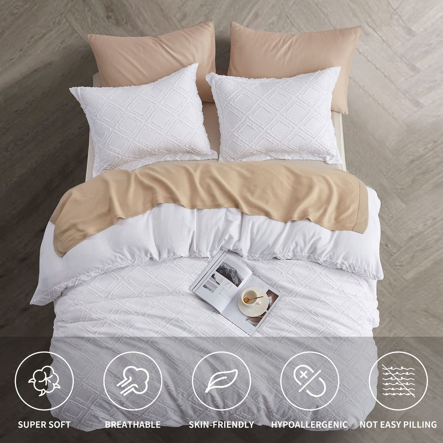 Maple&Stone Queen Duvet Cover Set, 3 Pieces Textured Tufted Boho Bedding Sets Zipper Closure Design with Ties, 1 Duvet Cover + 2 Pillow Shams, Comforter NOT Included (White, Queen Size)