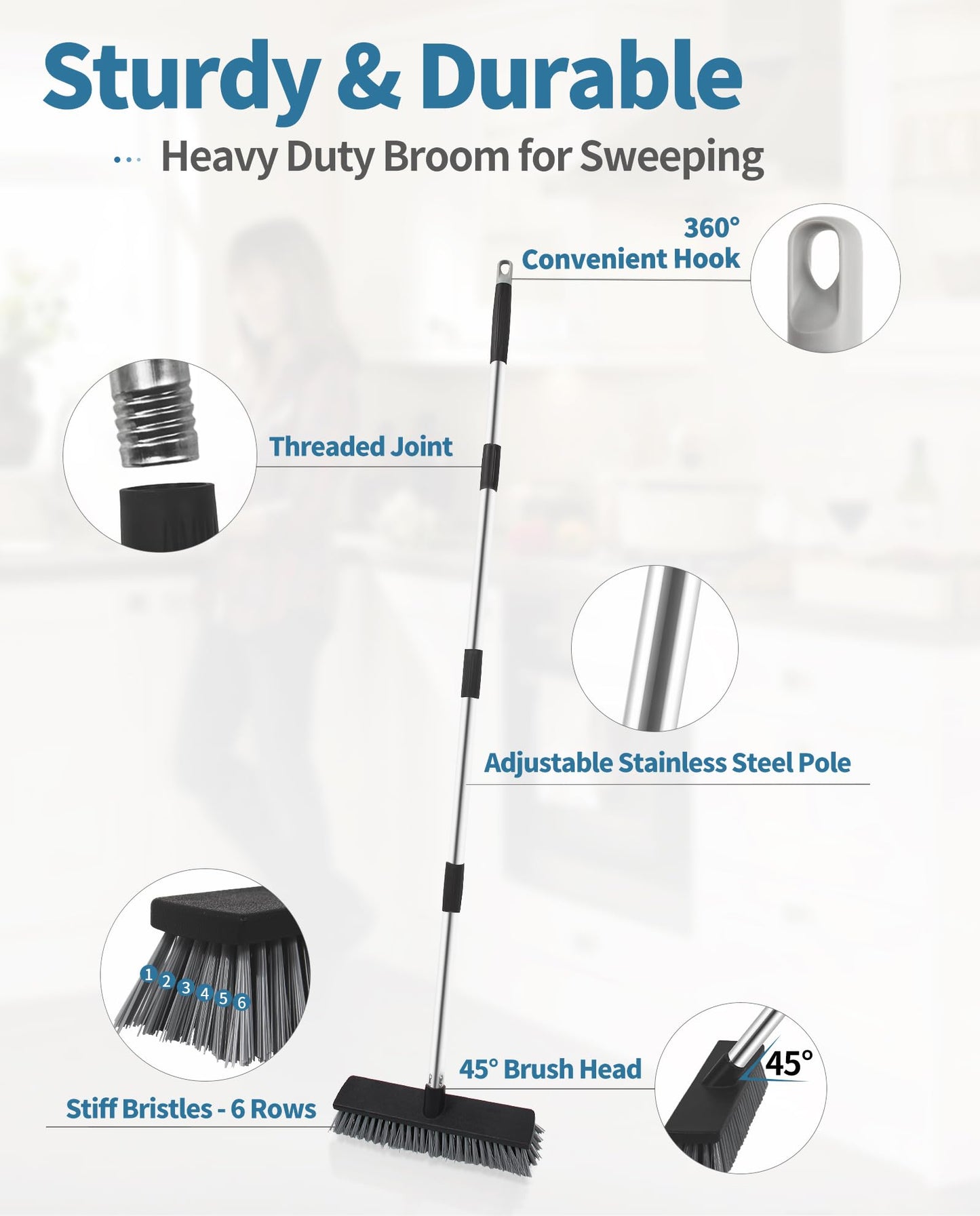 LandHope Hard Bristle Deck Broom Adjustable Long Handle Scrub Brush Heavy Duty Concrete Push Broom Outdoor Brush Garage Broom Wood Large Floor Scrubber 28-52 inch Balcony Broom -Multi Segment Handle