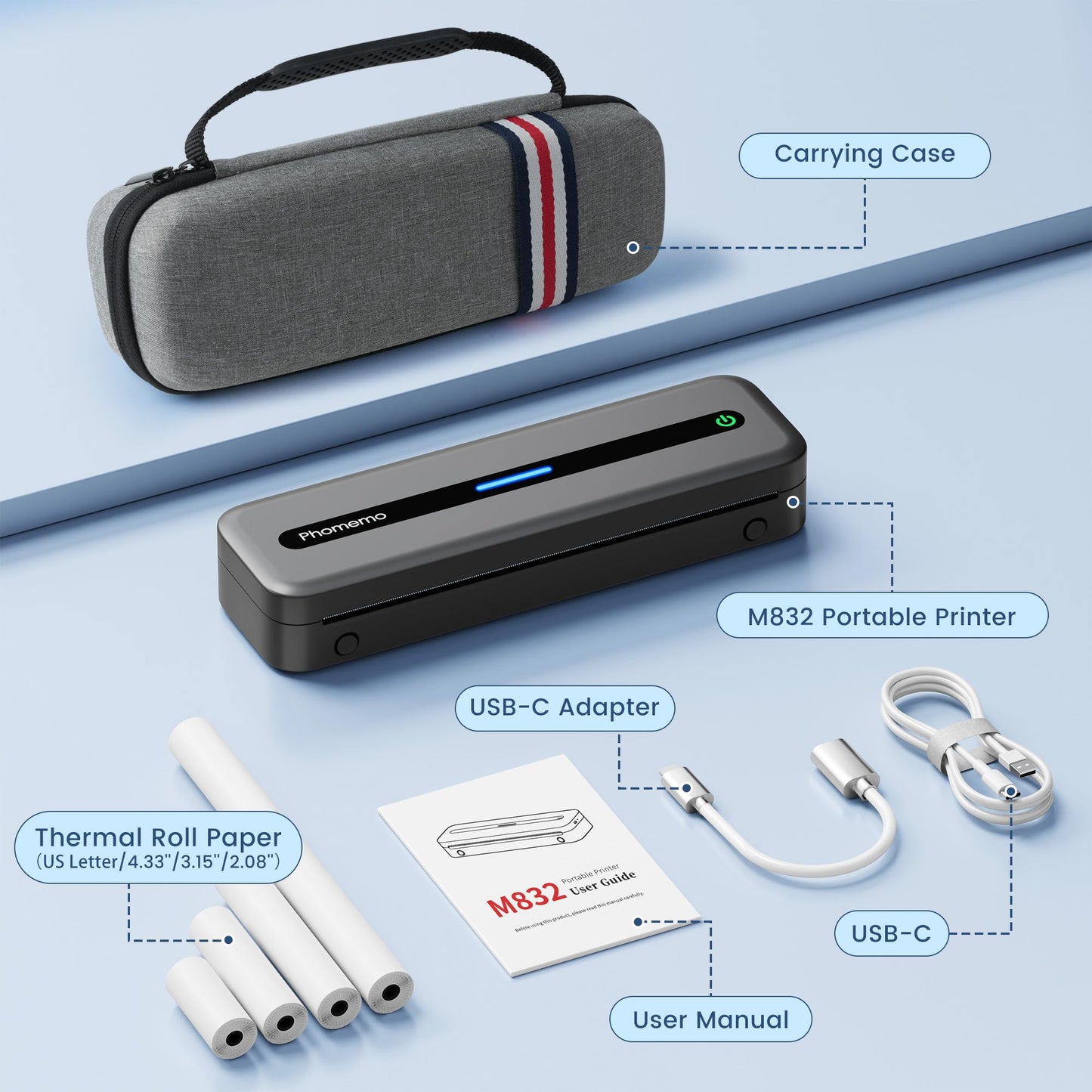 Phomemo Portable Thermal Printer, M832 Wireless Bluetooth Inkless Printer, Support 8.5'' x 11'' US Letter & A4 Size, Small Mobile Printers for Phone & Laptop, with Carry Case and 4 Rolls Thermal Paper