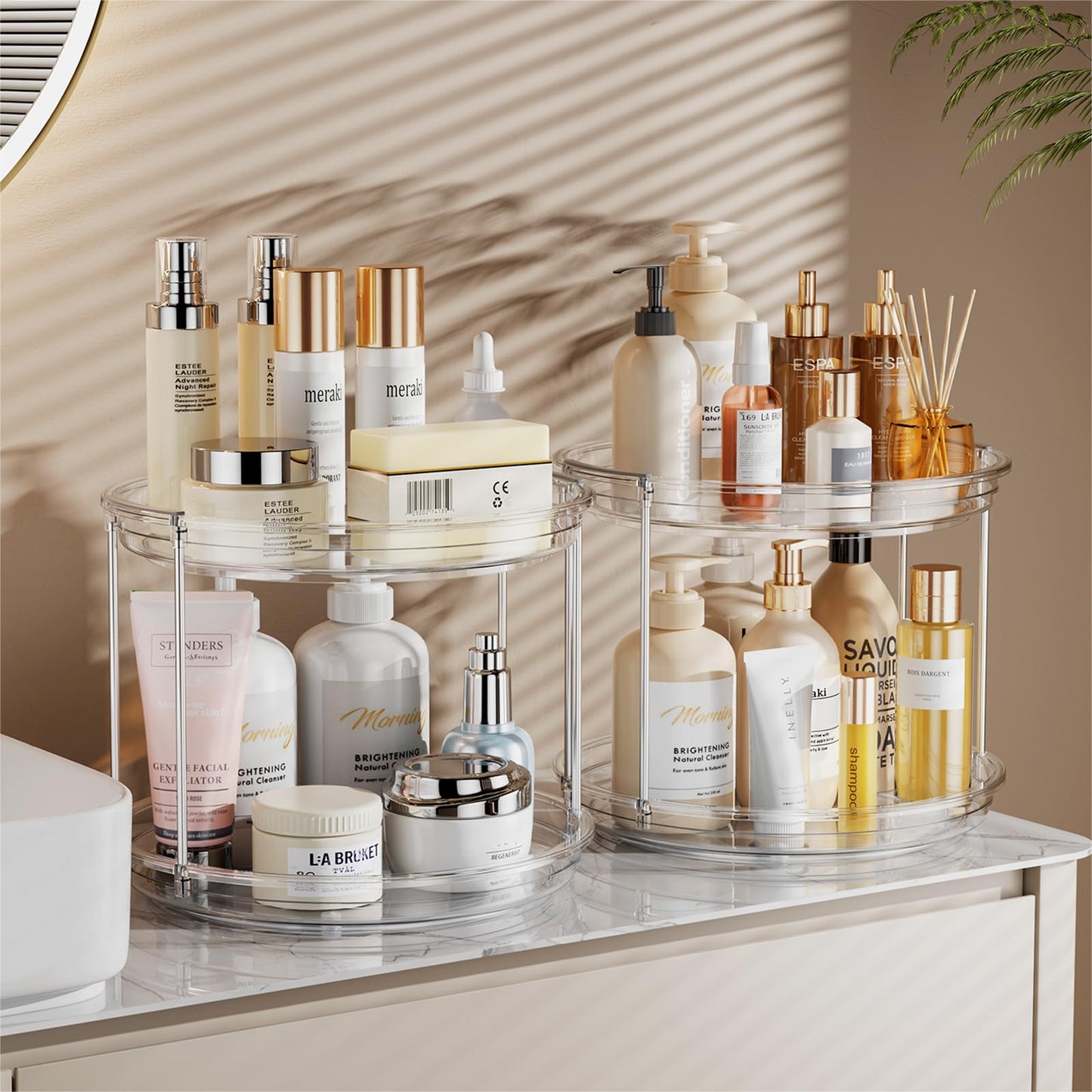 LAMU 2 Pack 2 Tier Lazy Susan Turntable Organizer 9.25'' Rotating Spice Rack Organization for Cabinet, Table Top, Pantry, Countertop, Bathroom, Vanity, Medicine Cabinet Organizer, Clear