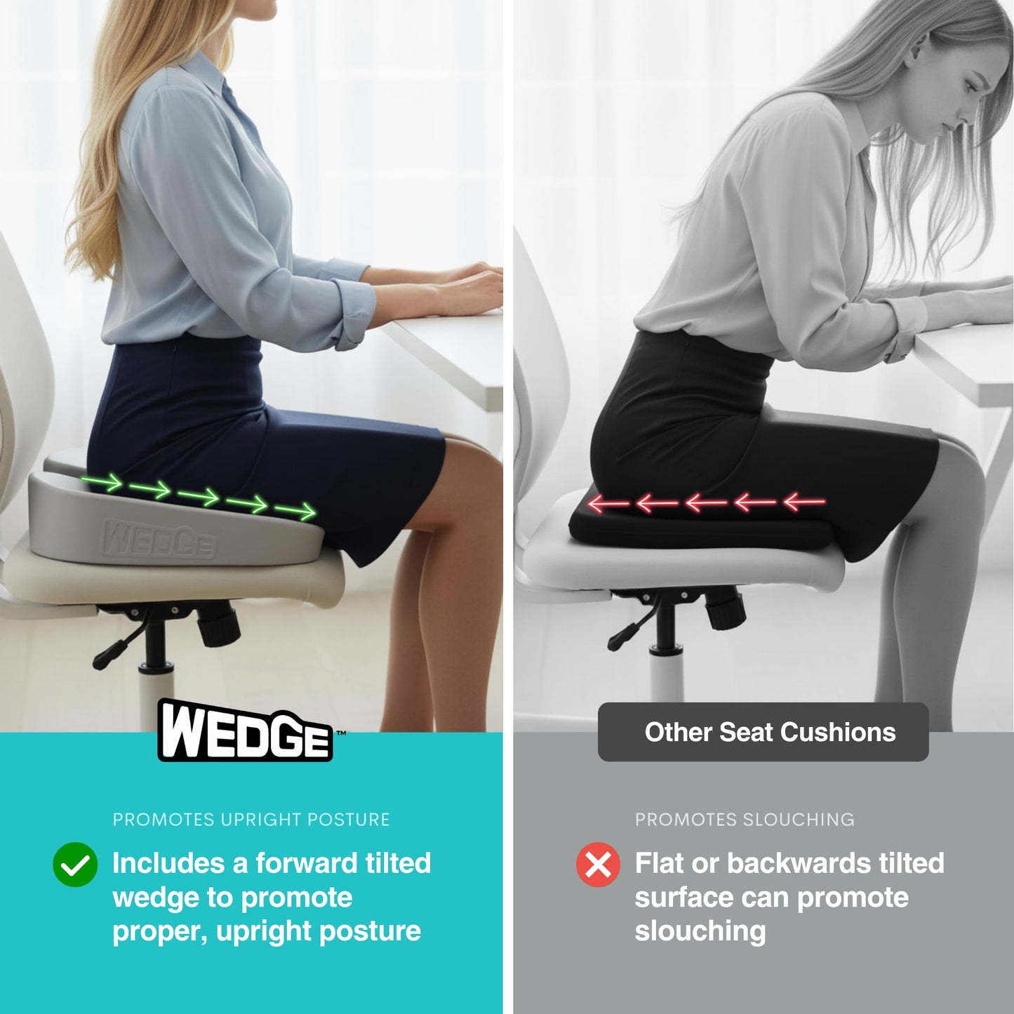 Upseat Wedge Ergonomic Seat Cushion, Made of Soft Foam, Wipeable Non-Fabric Posture Support for Office Chair – Promotes Upright Sitting & Relieves Tailbone Pressure and Sciatica, Made in Canada