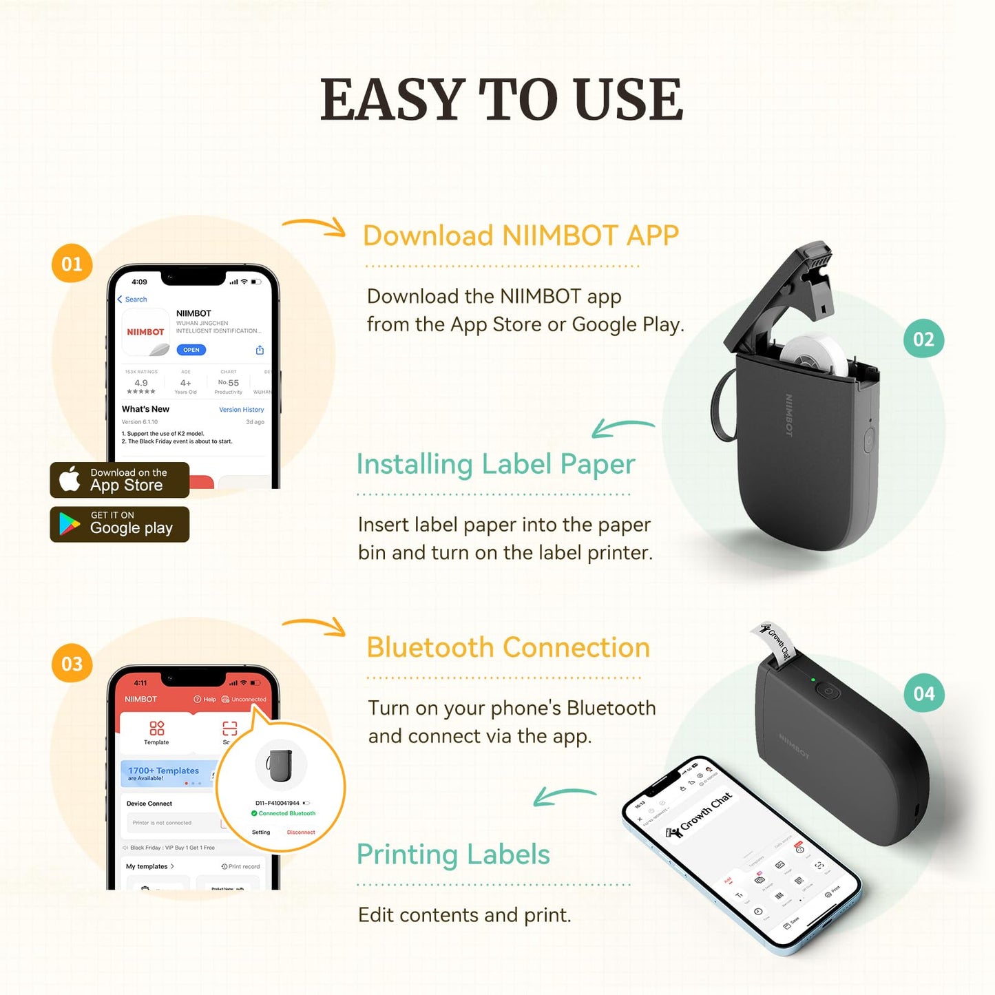 NIIMBOT D11 Label Maker Machine with Tape, Upgrade HD Printing Inkless Automatic Feeding One-Touch Custom Portable Bluetooth Sticker Printer
