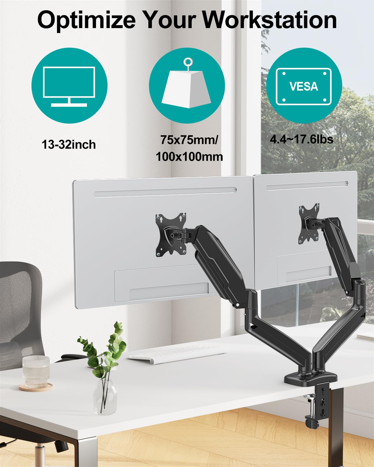MOUNT PRO Dual Monitor Mount Fits 13 to 32 Inch Screen, Height Adjustable Monitor Stand for 2 Monitors, Full Motion Display Arm Holds up to 17. 6lbs Each, Computer Desk VESA Mount, Black