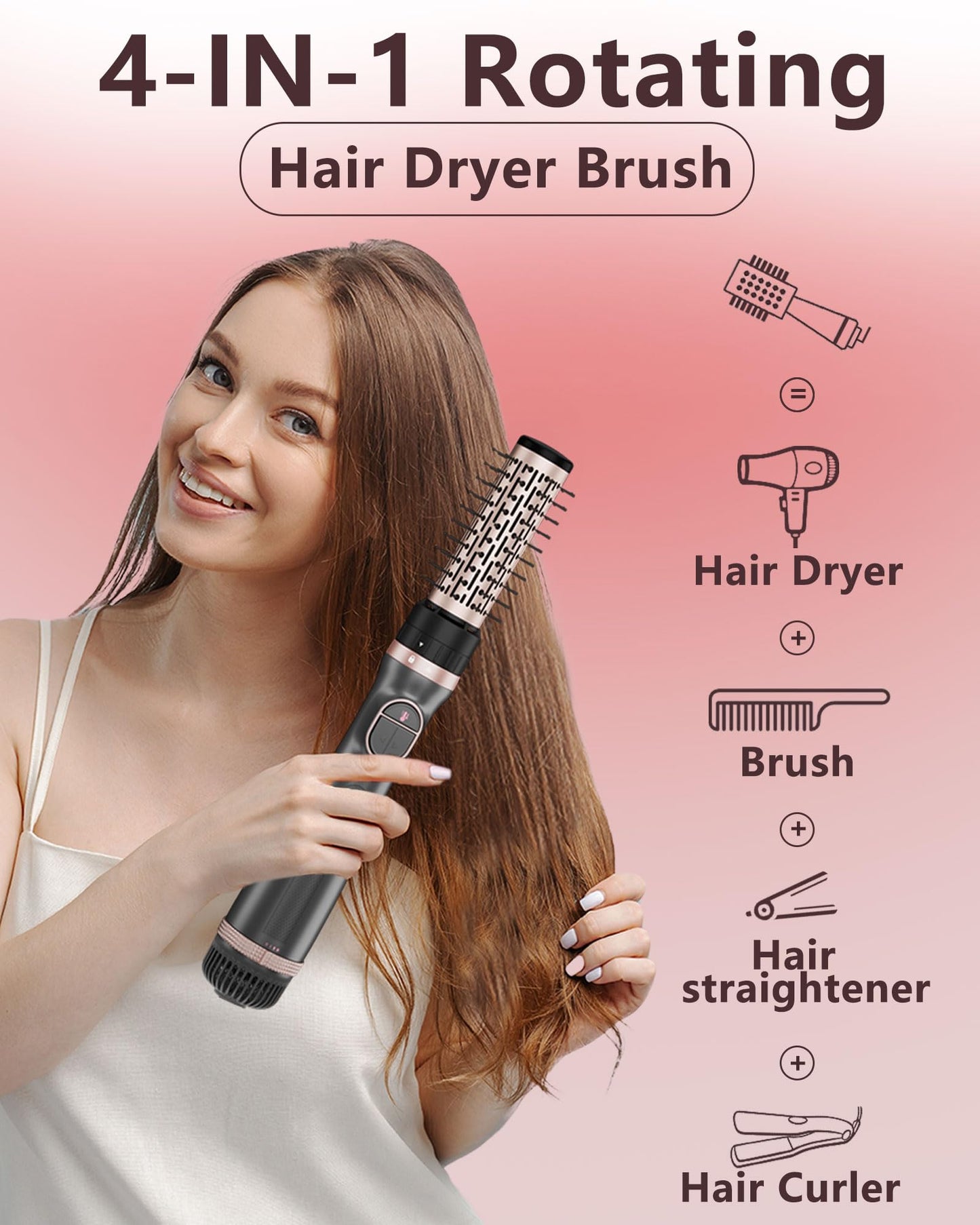 4-in-1 Rotating Hair Dryer Brush Spinning, 3 Setting Modes with Rapid Cooling Button, Hair Brush Blow Dryer with 2 Detachable Brush(1.5"& 2")