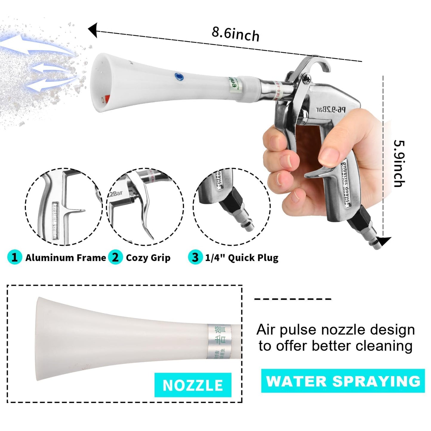 GOCCIDA Air Blow Gun with Brass Adjustable Air Flow Nozzle,Cleaning Gun Quickly Blasts Dirt and Dust from Surface Works with Air Compressor (Silver)