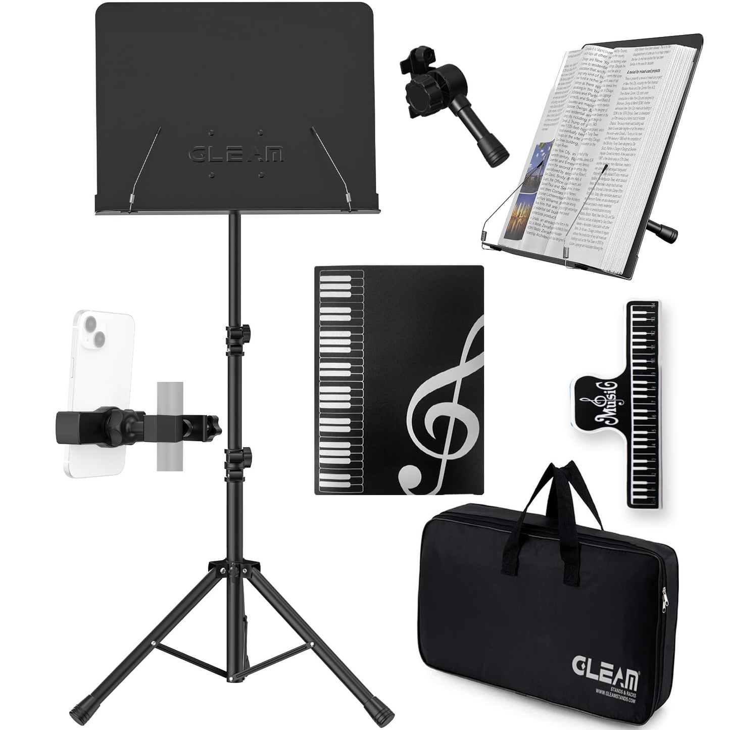 GLEAM Sheet Music Stand - Full Metal with Carrying Bag, Phone Holder, Sheet Music Folder and Clip, 5 in 1 Desktop Book Stand