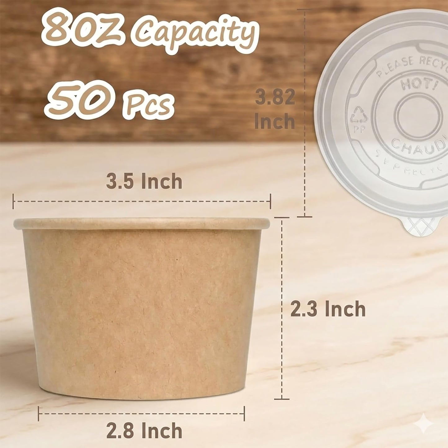 100 Pcs Ice Cream Containers with Clear Lids, 8oz Leak-Proof Kraft Paper Hot Soup Bowls, Microwave & Freezer Safe Disposable to-Go Food Containers for Catering, Parties, & Meal Prep