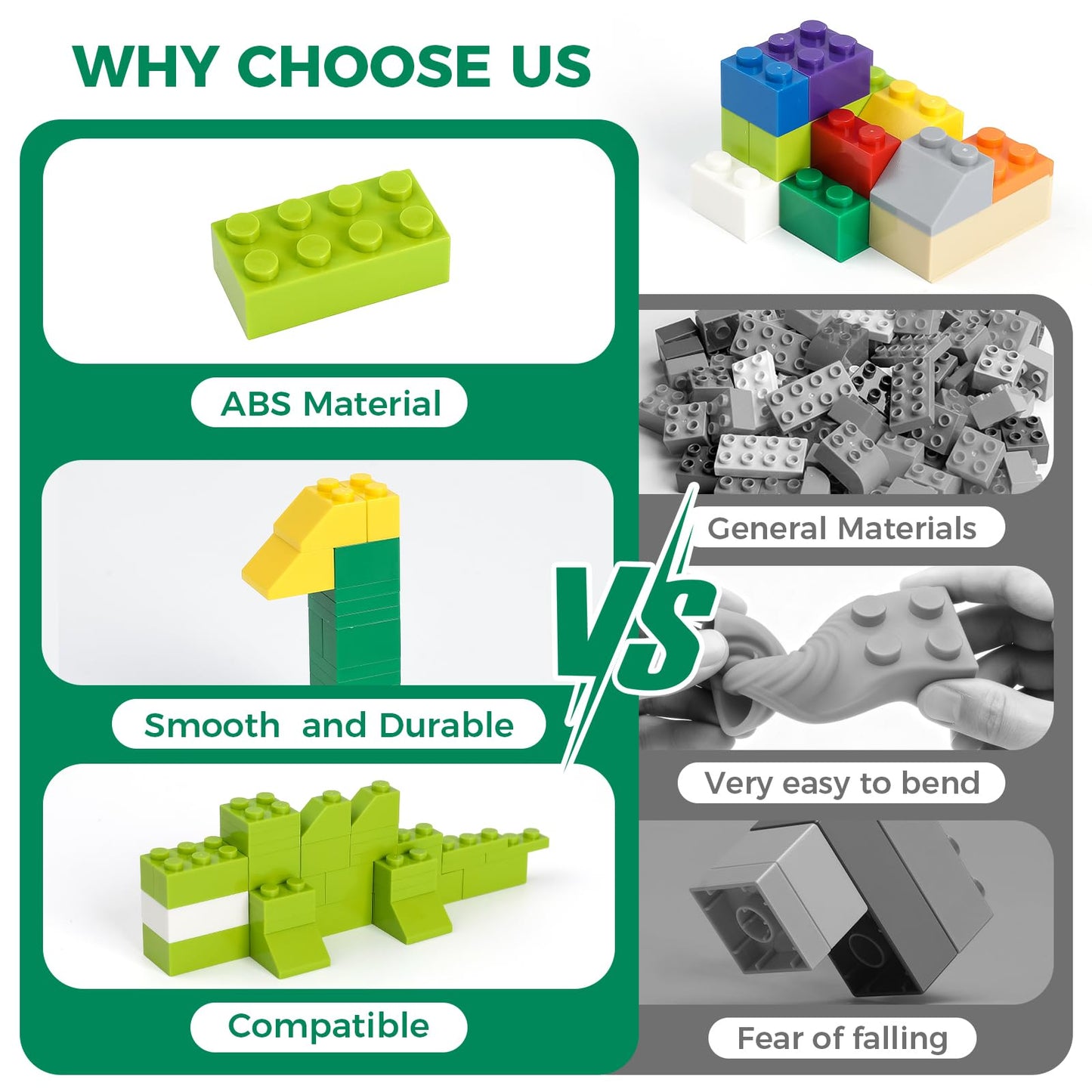 1000 Pieces Building Blocks, Classic Stackable Base Plates, 3 6.3" x 6.3" Blue, Gray and Green Base Plates,Compatible with All Major Brands