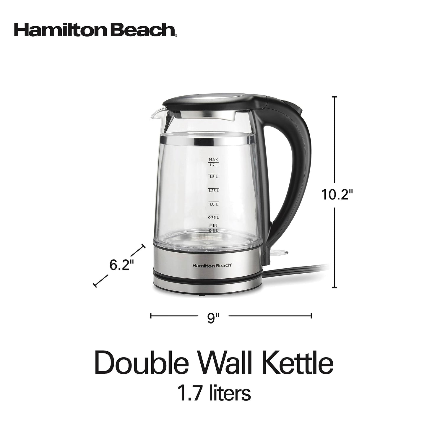 Hamilton Beach Double Wall Glass Electric Kettle, 1.7 L, 1500W, Color-Changing LED, Keeps Water Warm Longer, Cordless, Auto Shutoff & Boil-Dry Protection (40850)