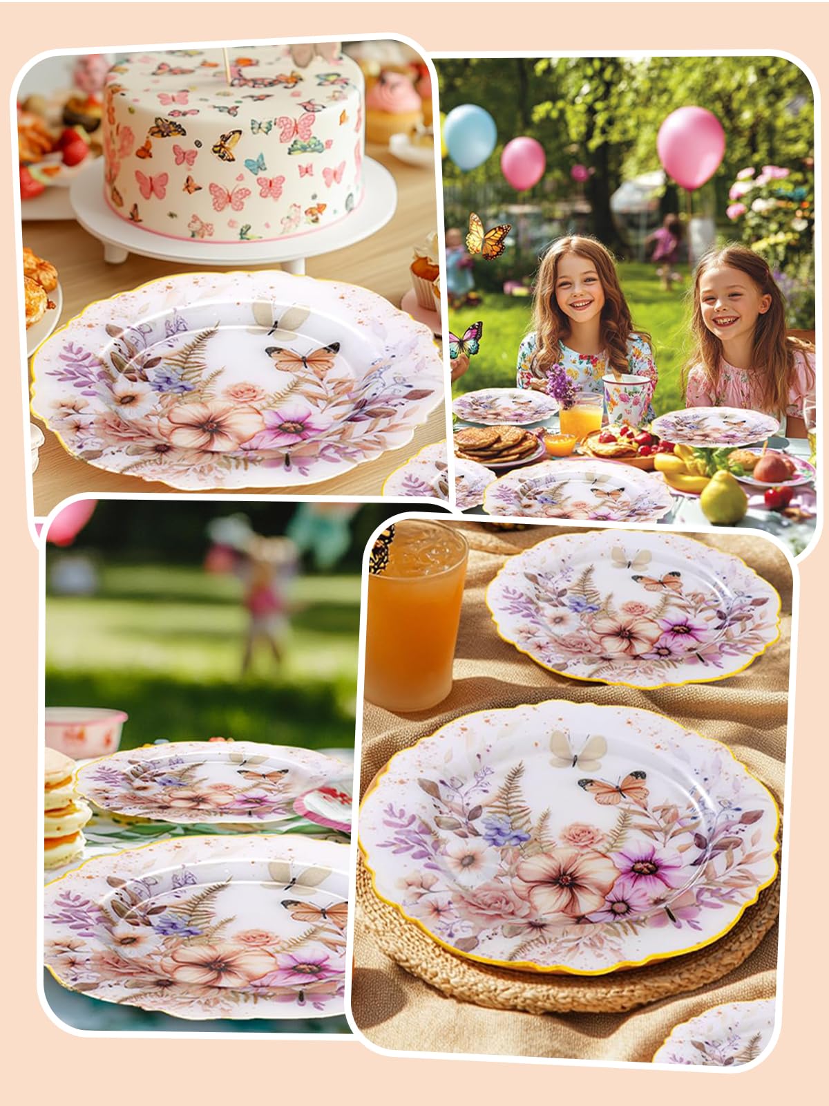 WDF 20Pack Spring Plates Flower- Baroque Fancy Butterfly Plates Disposable - 10’’ and 7’’ Floral plastic tableware Decoration Suitable for Spring Garden Party/Tea Party/Birthday