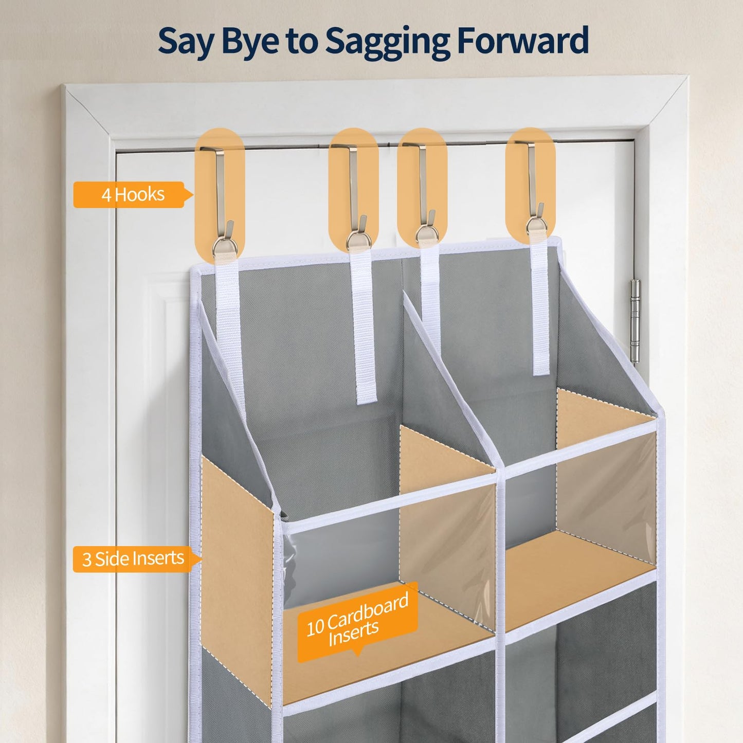 Yecaye Over The Door Organizer 5 Tier, 80lb Capacity Extra Large Behind Door Storage of 10 Clear Window, Heavy Duty Door Hanging Organizer for Closet Bedroom Bathroom Diaper Nursery, Double, Gray