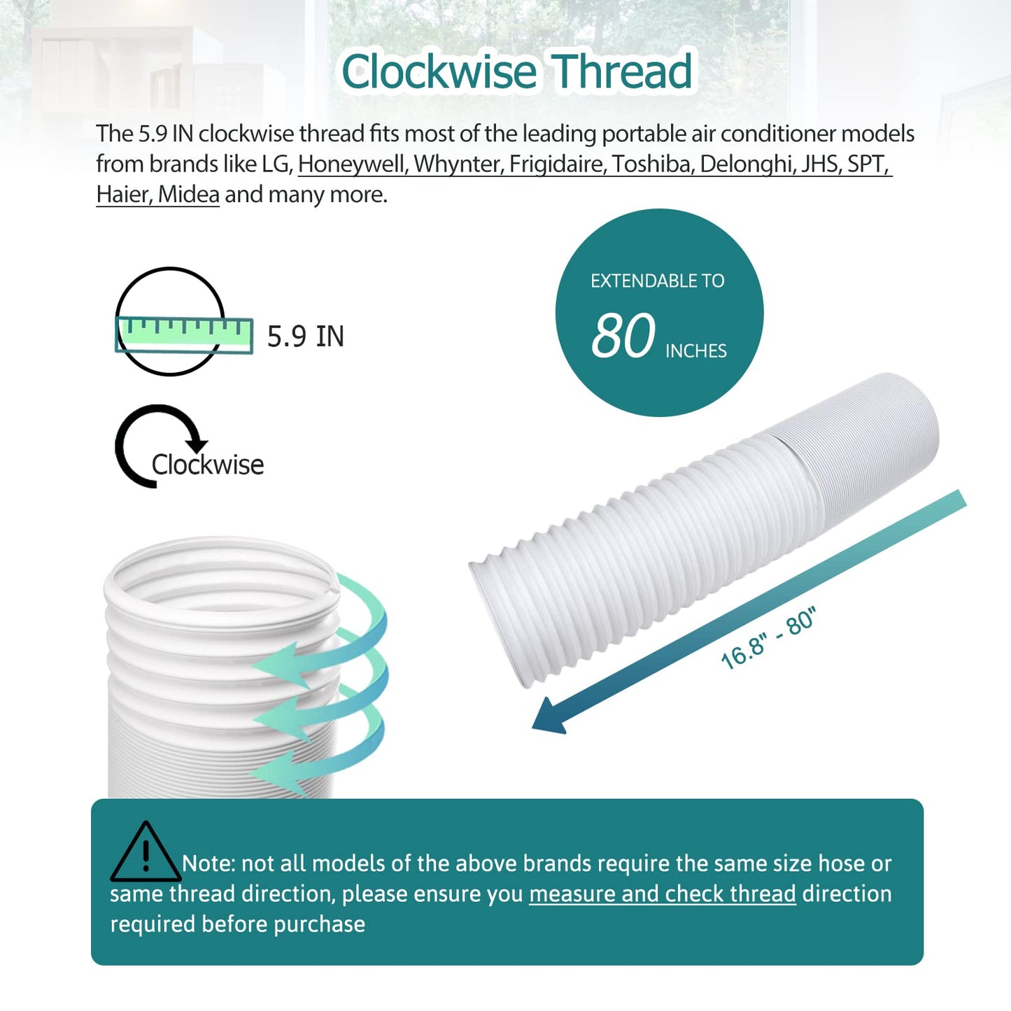 Air Conditioner Exhaust Vent Hose - 5.9 inch Diameter, 80" Length, Universal Clockwise Thread Air Vent Compatible with Whynter, Frigidaire, LG, Delonghi Toshiba, Delonghi, JHS