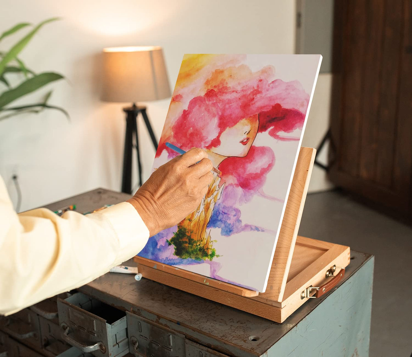 Paint Set, 49-Piece Watercolor Painting Kit with Wooden Tabletop Easel, Includes Watercolor Paints, Brushes, Palette, Canvas Panels and Painting Pads, for Beginners Professionals Hobbyists