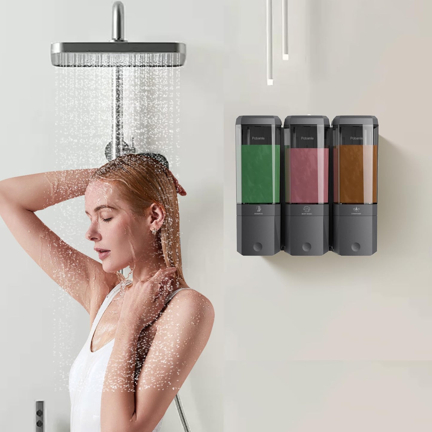 Shampoo and Conditioner Dispenser Wall Mounted, Shower Soap Dispenser No Drill Upadate Easy Slot Install, Shampoo Dispenser for Shower Bathroom Large Capacity 500ml * 3 Chamber Holder Gungray