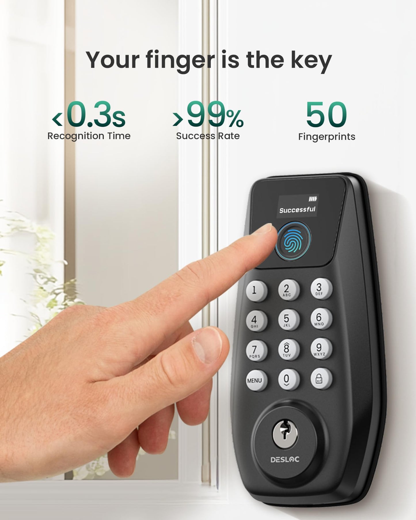 DESLOC C110 Fingerprint Keyless Entry Door Locks, Front Door Smart Lock Deadbolt with 2 Keys, Auto-Lock, Backlit Keypad, 12 Months Battery, IP54 Waterproof, BHMA Grade 3 (Black)