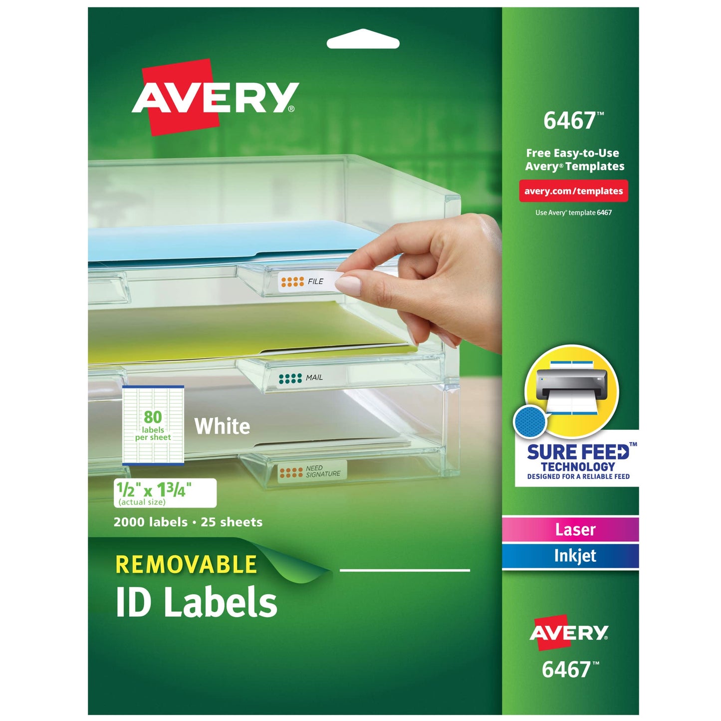 Removable ID Labels with Sure Feed, Laser/Inkjet, 1/2" x