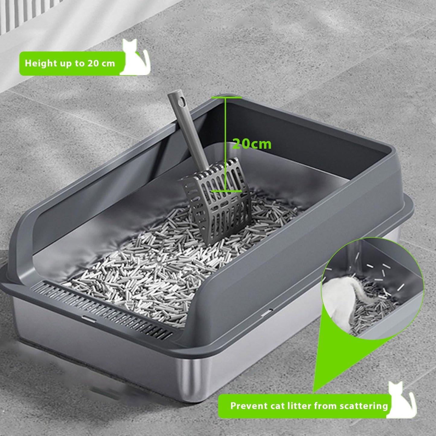 Gugxiom Stainless Steel Cat Litter Box, 60×40×20 cm Large Litter Box, Top Entry Design, with Scoop, Easy Cleaning