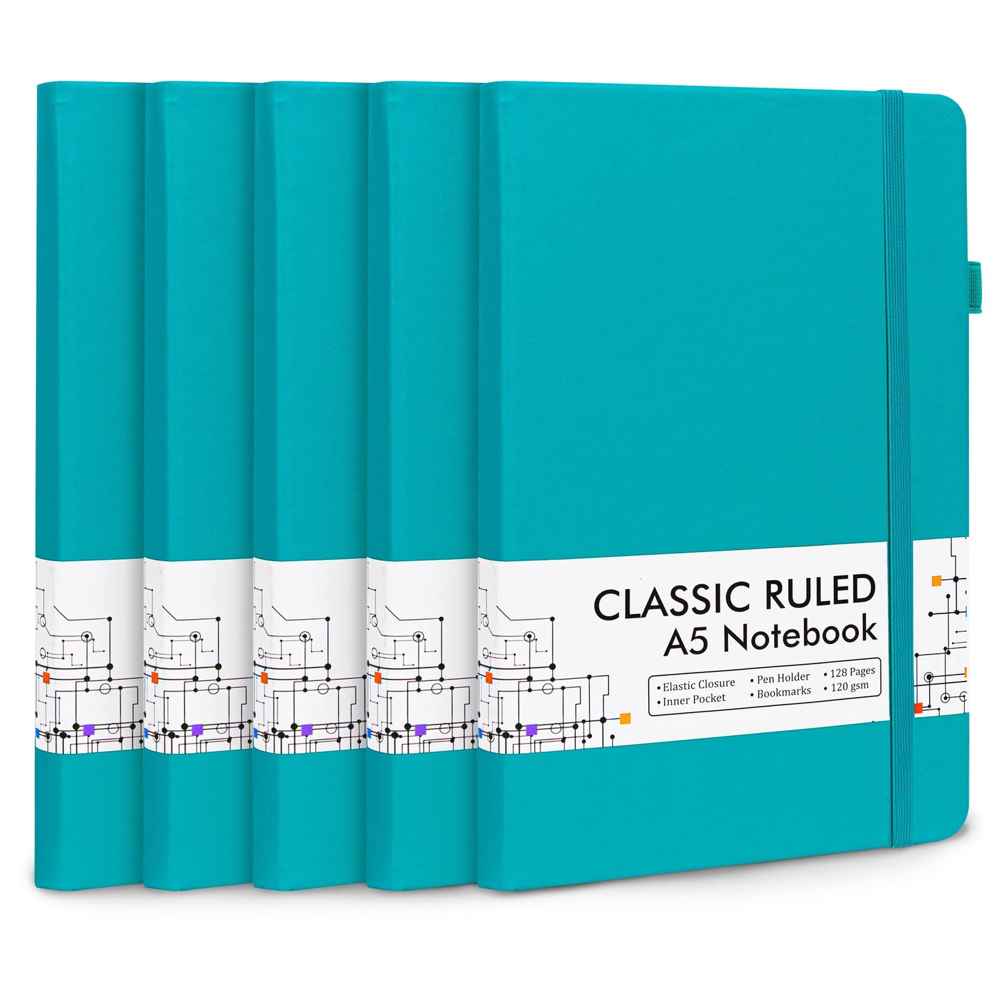 5 Pack Journal Notebook Bulk for School, Feela Hardcover Business Notebooks Classic Ruled Lined Journals with Pen Holder for Work Note Taking, with 5 Black Pens, 120 GSM, 5.1”x8.3”, A5, Emerald