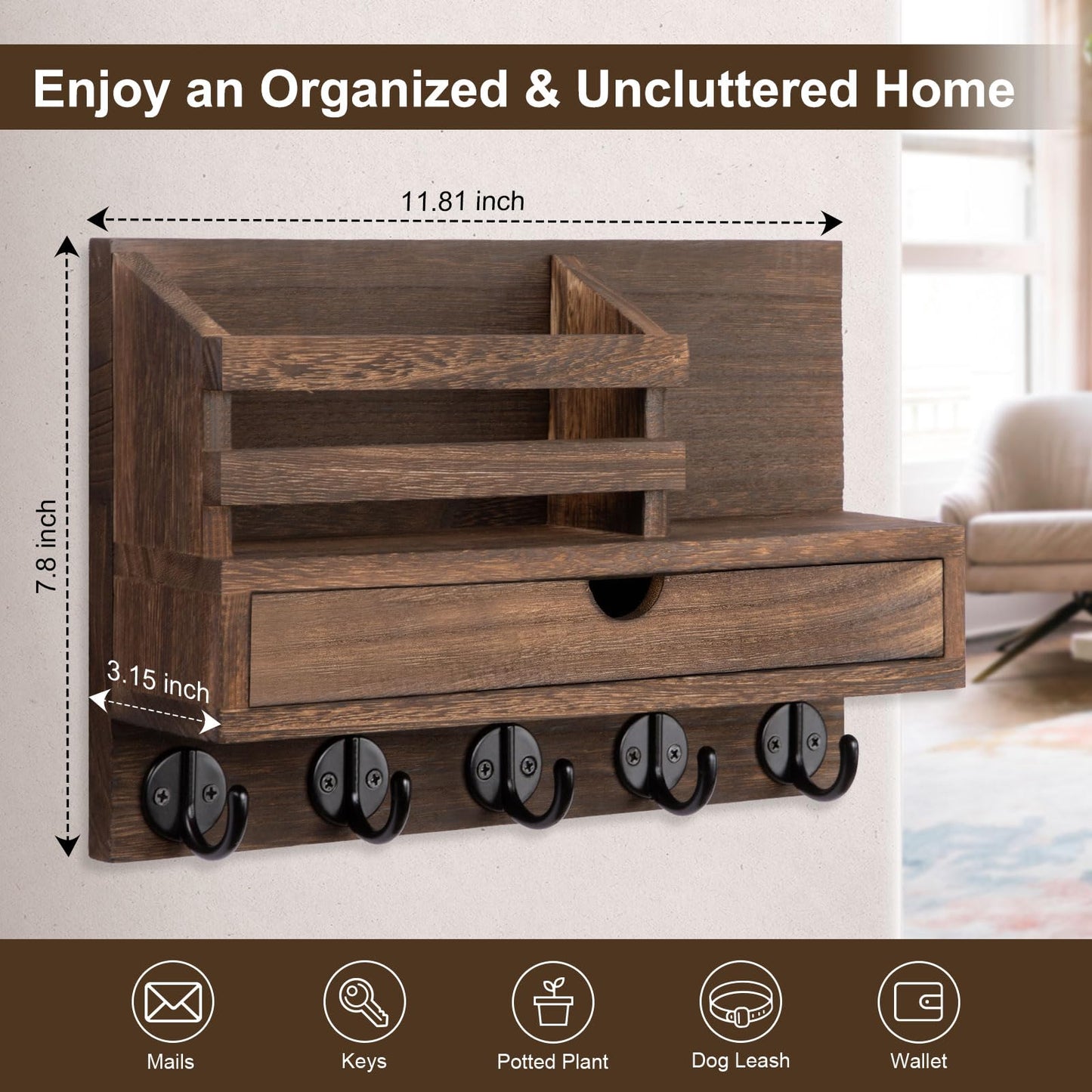 Key Holder Wall Mount, Mail Holder with Storage Drawer and 5 Key Hooks for Coat, Dog Leash, Home Decor Rack, House Accessories, Entry Way Organizer (Brown)