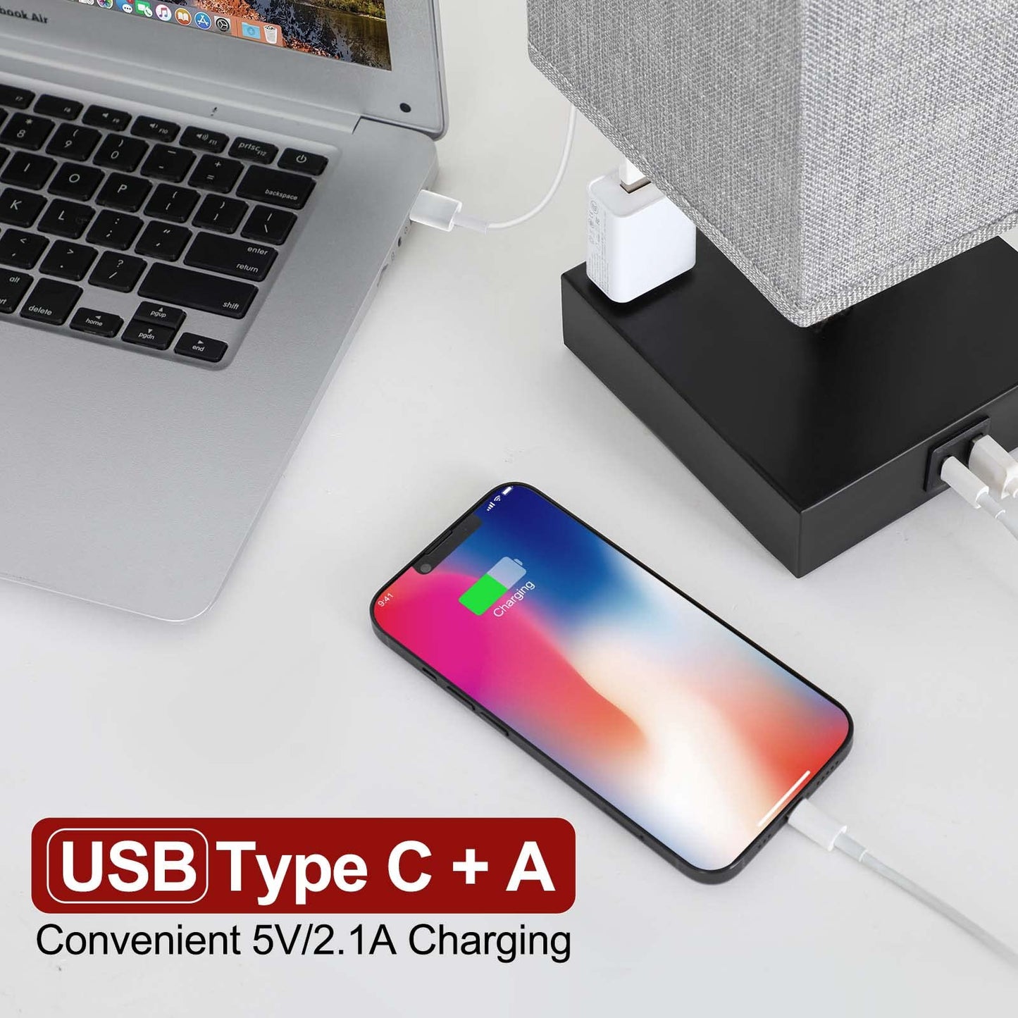 Touch Control Table Lamp - Soilsiu 3 Way Dimmable Nightstand Lamp with USB C & USB A Charging Port, 2 AC Outlets, 3000K LED Bulbs, Grey Fabric Shade Modern Bedside Lamp for Bedroom…