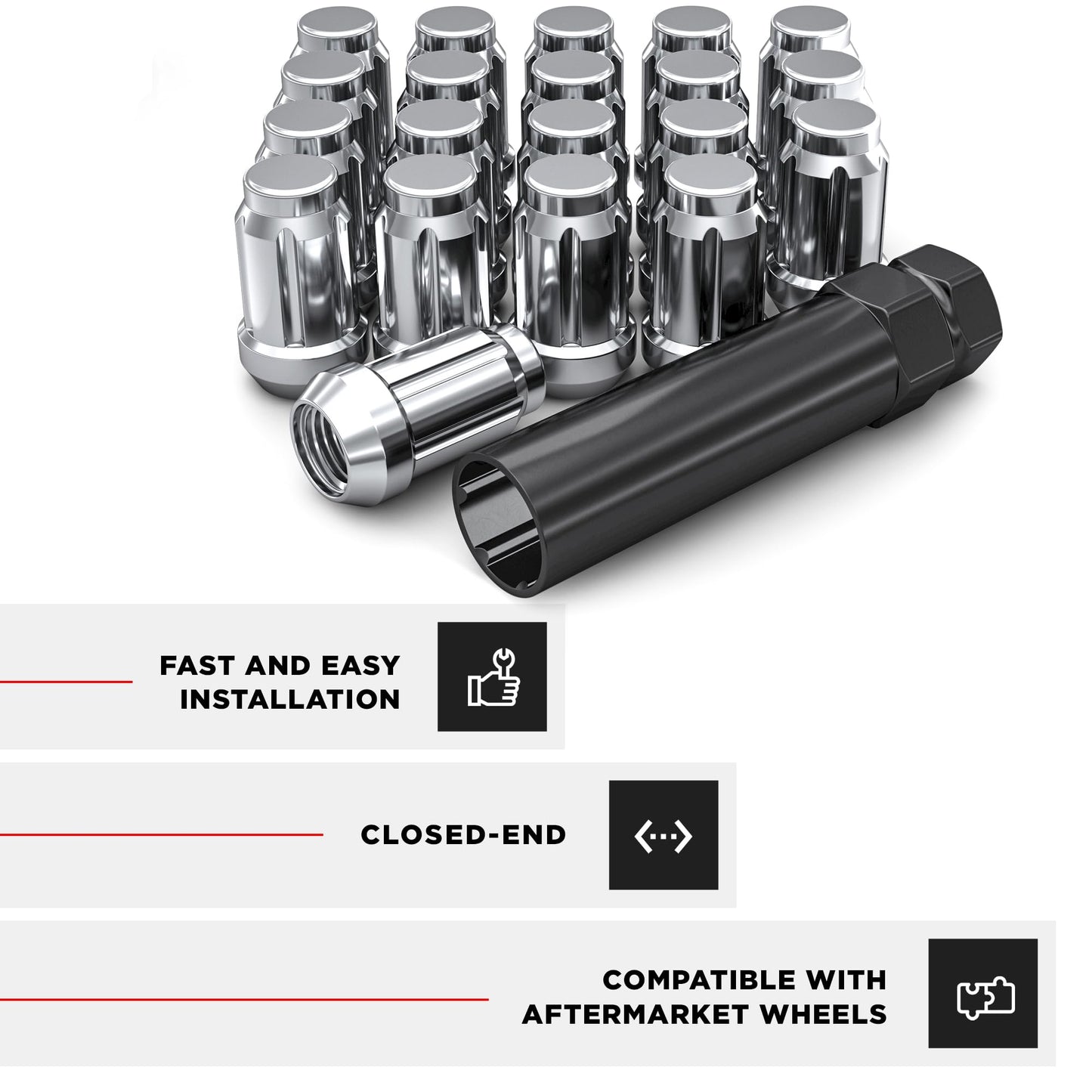 White Knight 3807-20AM 12mm x 1.50 Thread Size Spline Drive Lug Nut with Key, Chrome, 20-Pack