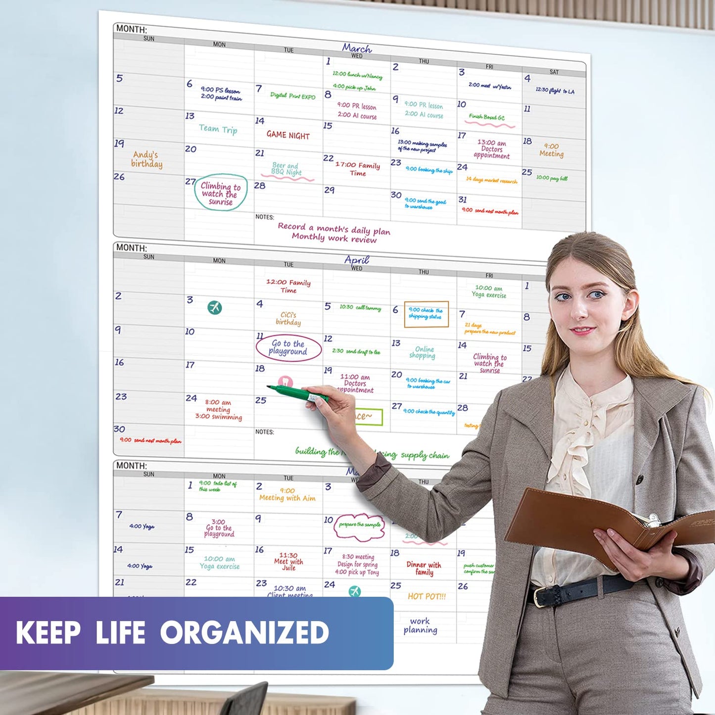 Dry Erase Vertical Three Month Laminated jumbo Wall Calendar, 46" x 63", Huge quarterly Laminated Erasable White Board, Giant 90 day Family Whiteboard Schedule Planner, Large Multi Month Reusable Poster…
