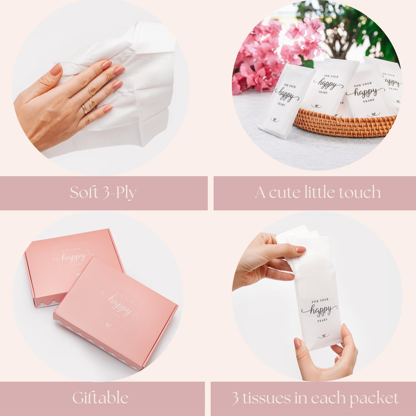 PureRejuva Wedding Tissues Packs - Set of 40 - For Your Happy Tears - Frosted-Paper - Bulk Individual Tissue Packs & Items for Wedding Welcome Bags
