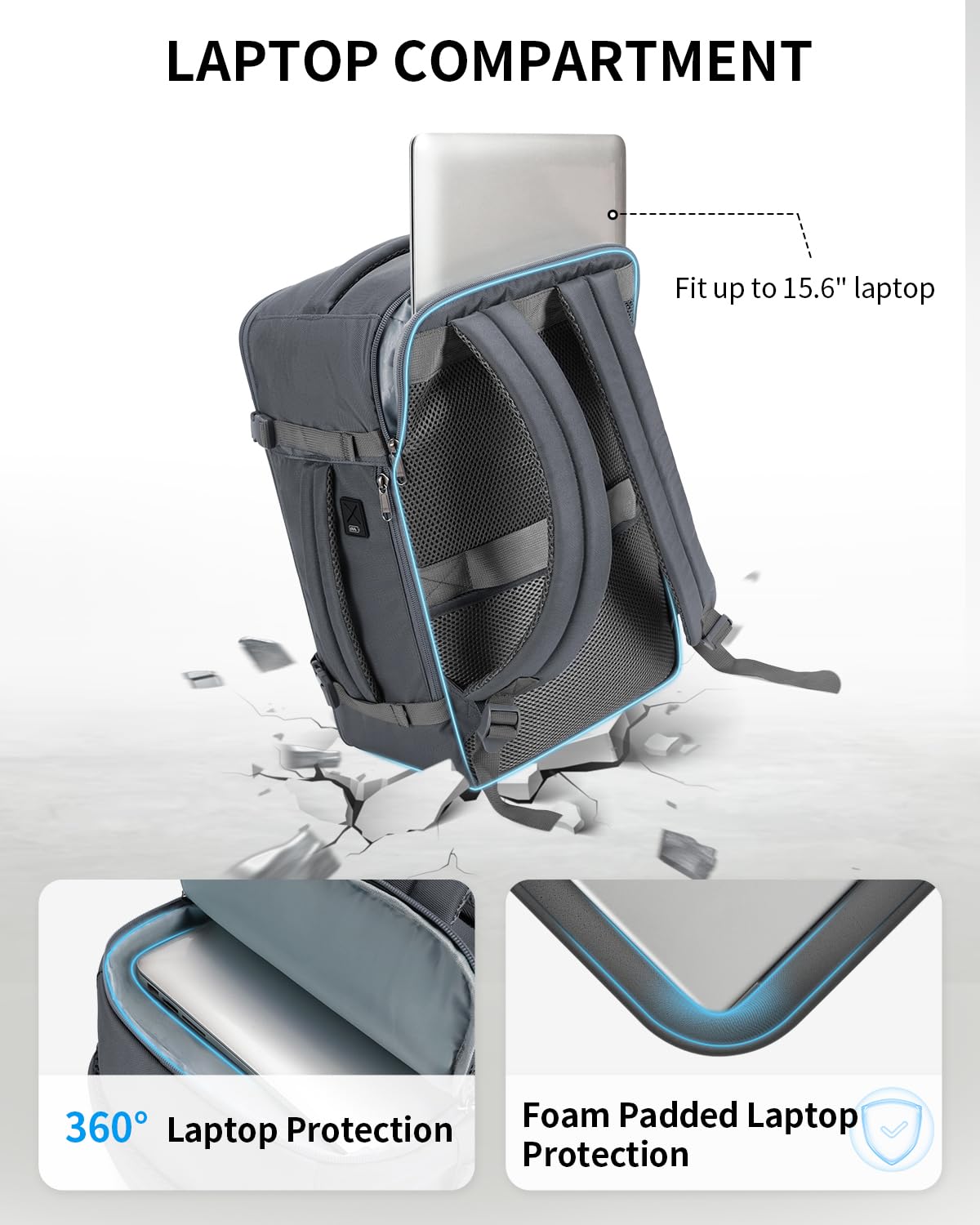 ECOHUB Travel Backpack for Women Men 17.3" Laptop Backpack Flight Approve Carry On Backpack Luggage with USB Charging Port Anti Theft Water Resistant Travel School Casual Work Backpacks 30L Grey