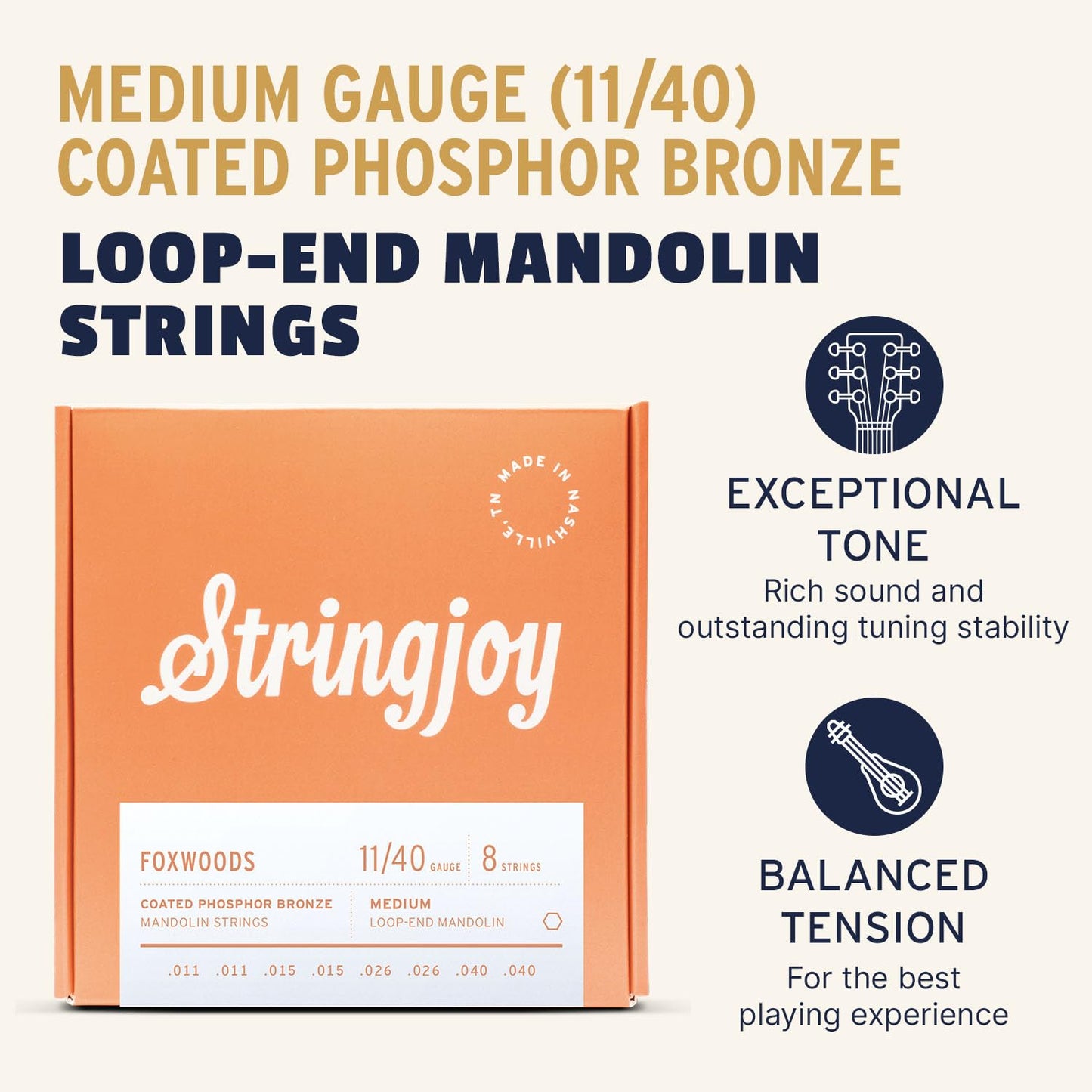 Stringjoy FW1140 Foxwoods Coated Phosphor Bronze Mandolin Strings, (Medium Gauge - 11-40)