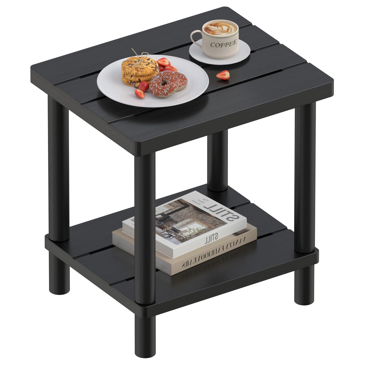 Outdoor Side Table, 2-Tier Small Outdoor Table for Patio, Adirondack Side Table for Outside or Indoor, Bamboo End Table for Pool, Porch, Weather Resistant Easy Maintenance(Black)