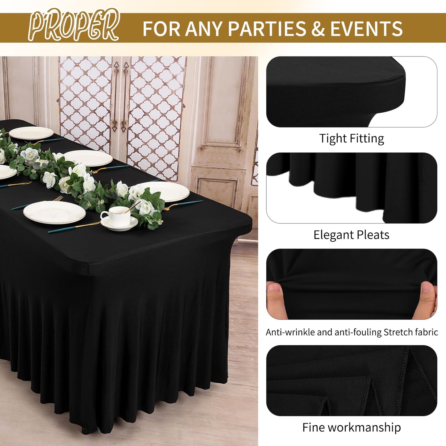 4 Pack 6Ft Black Spandex Table Skirts, Stretch Tablecloth with Skirt Easy to Install One-Piece Wrinkle Resistant Fitted Stretchable Table Skirt for Wedding Party Banquet Trade Show