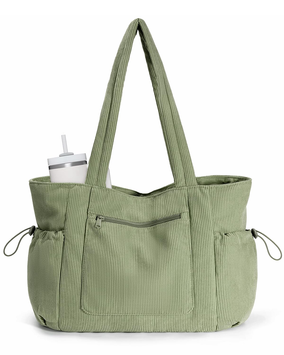ECOHUB Tote Bag for Women, Work Tote Bags with Laptop Compartment, Large Corduroy Tote Bag with Stanley Cup Holder, Shoulder Bag Handbag for Travel Weekend Gym Green