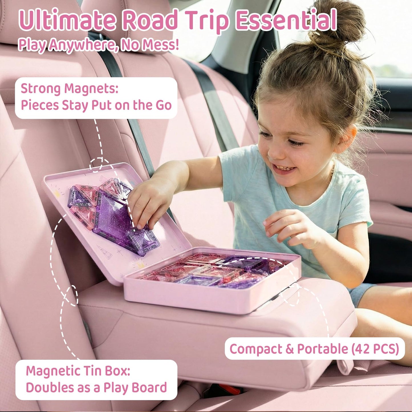 Magnetic Tiles Girls Travel Toy: 42 PCS Pink Glitter Building Blocks Castle Tin Box - 120 Mins Quiet Play 60s Cleanup - Toddler Kids Gift Age 3 4 5 6